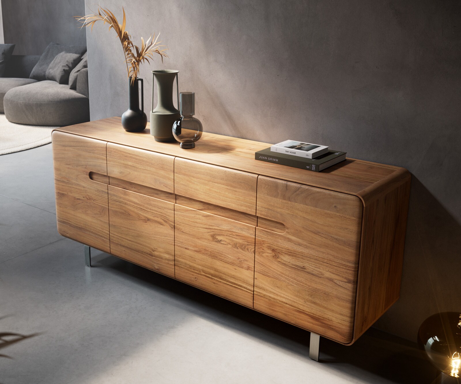 Sideboard Anaya 175 cm Akazie Natur 4 Türen L-Fuß Edelstahl 3