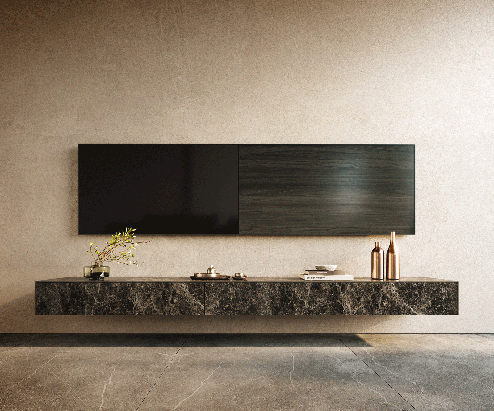 Lowboard Cuor 250 cm Keramik Laminam® Emperador Extra Lucidato Dunkelbraun 1 Klappe 1 Schubfach Schwebend 2