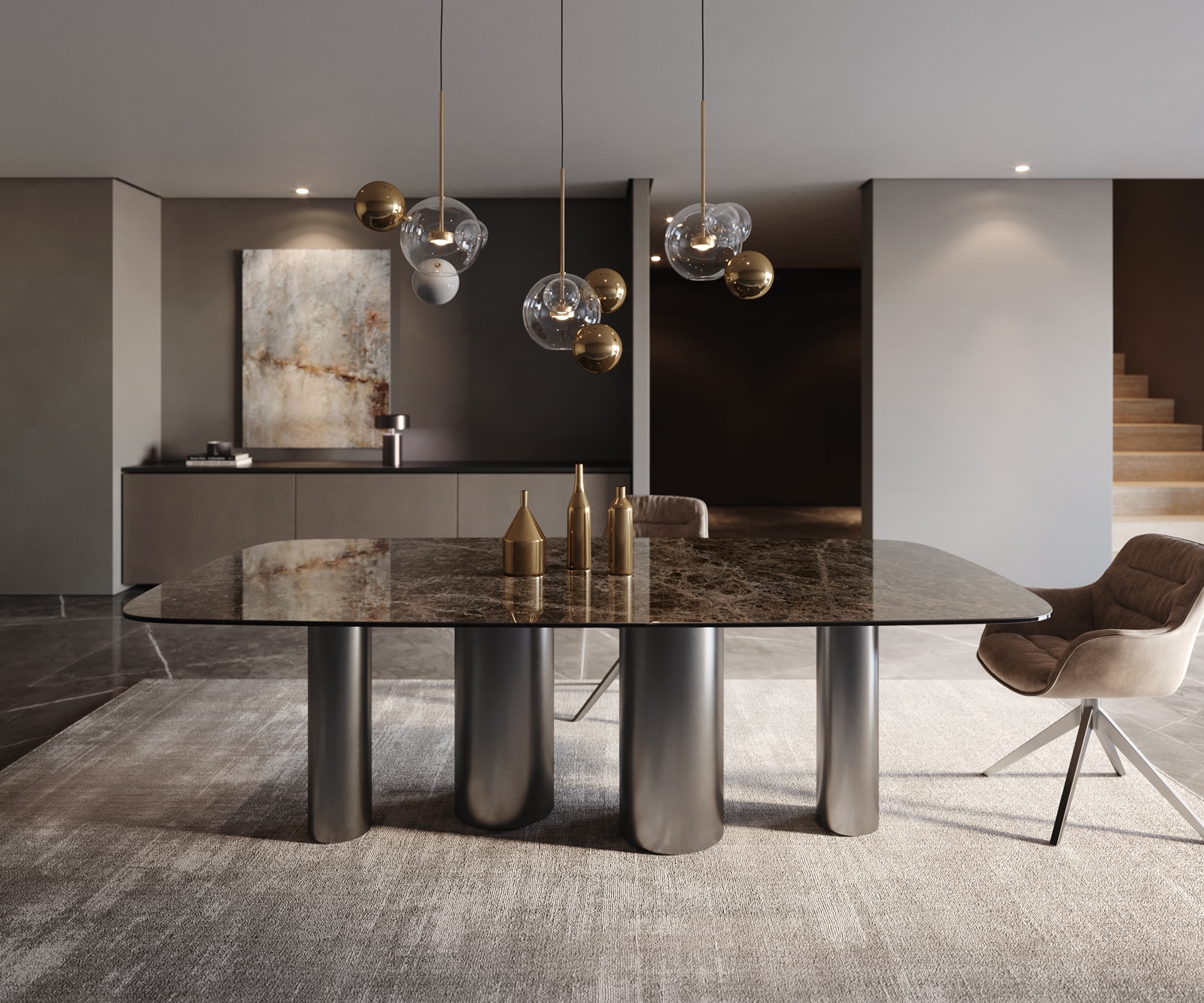 Esstisch Edge Boot 240x120 Keramik Laminam® Emperador Extra Lucidato Dunkelbraun Pilier Edelstahl Graphit 2