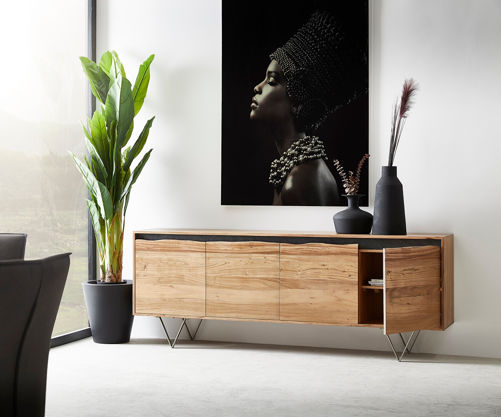 Sideboard Stonegrace 200x45 cm Akazie Natur 4 Türen Baumkante 3