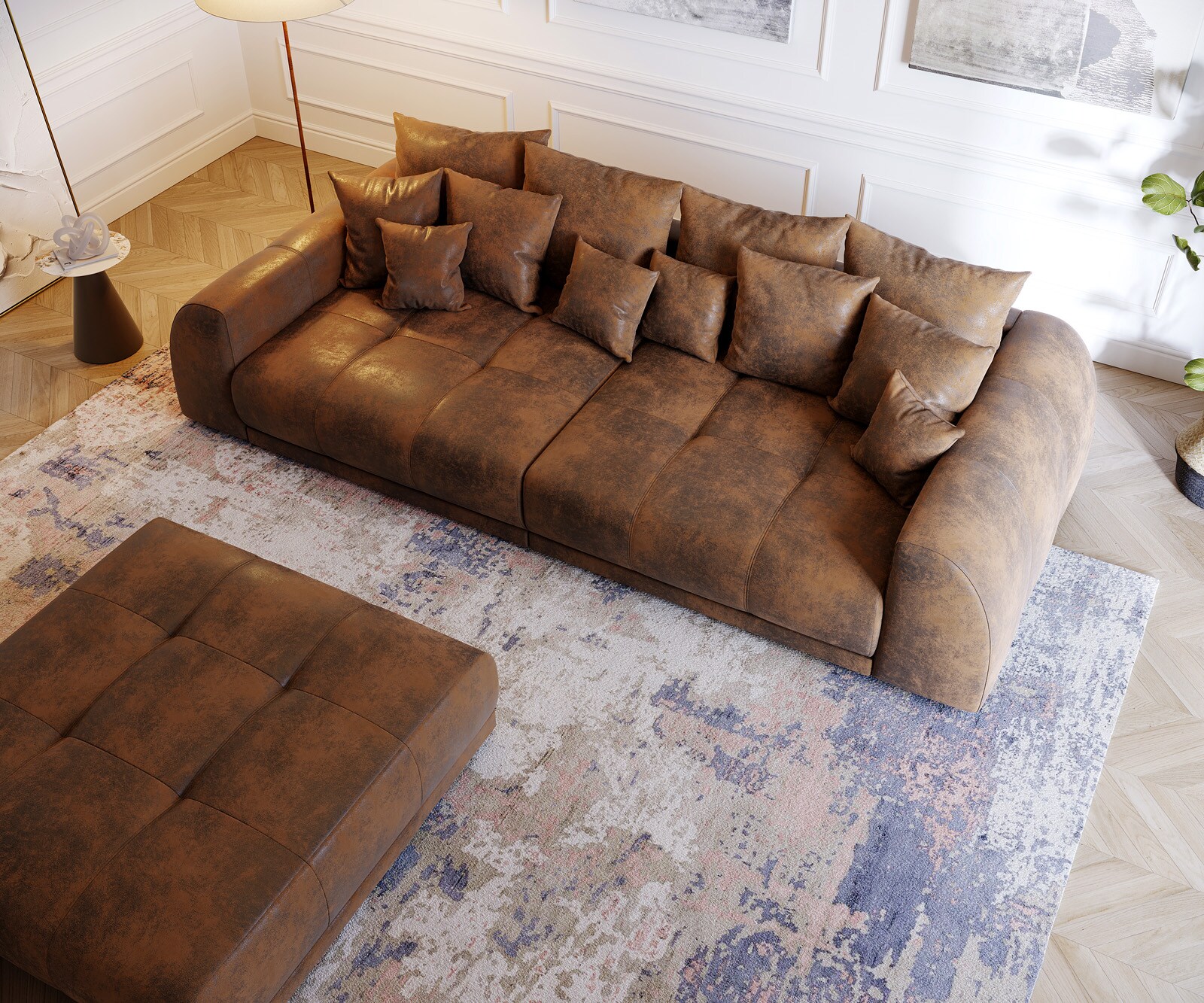 Big-Sofa Violetta 310x135 Braun Antik Optik Hocker Kissen 3