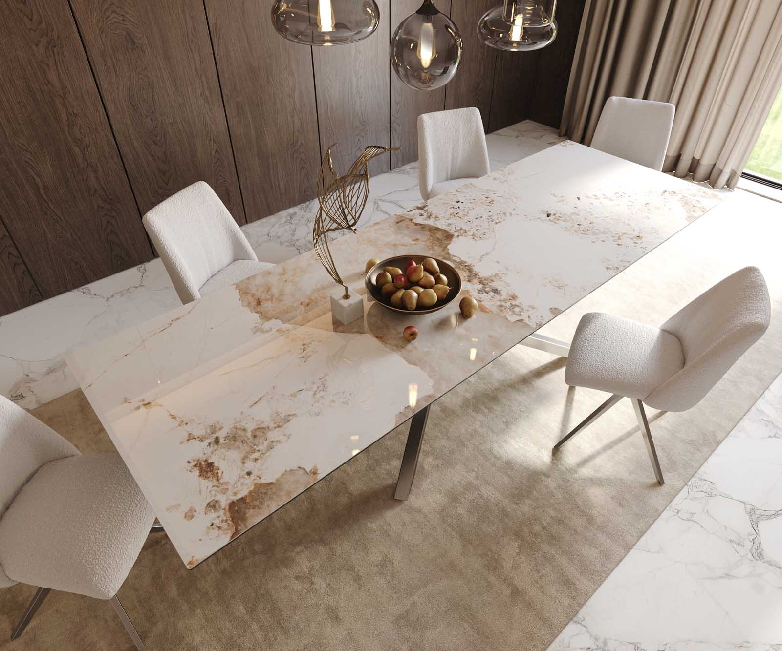 Esstisch Edge 300x100 Keramik Minas Melange Weiß-Beige Kreuzgestell Rechteck Edelstahl 6
