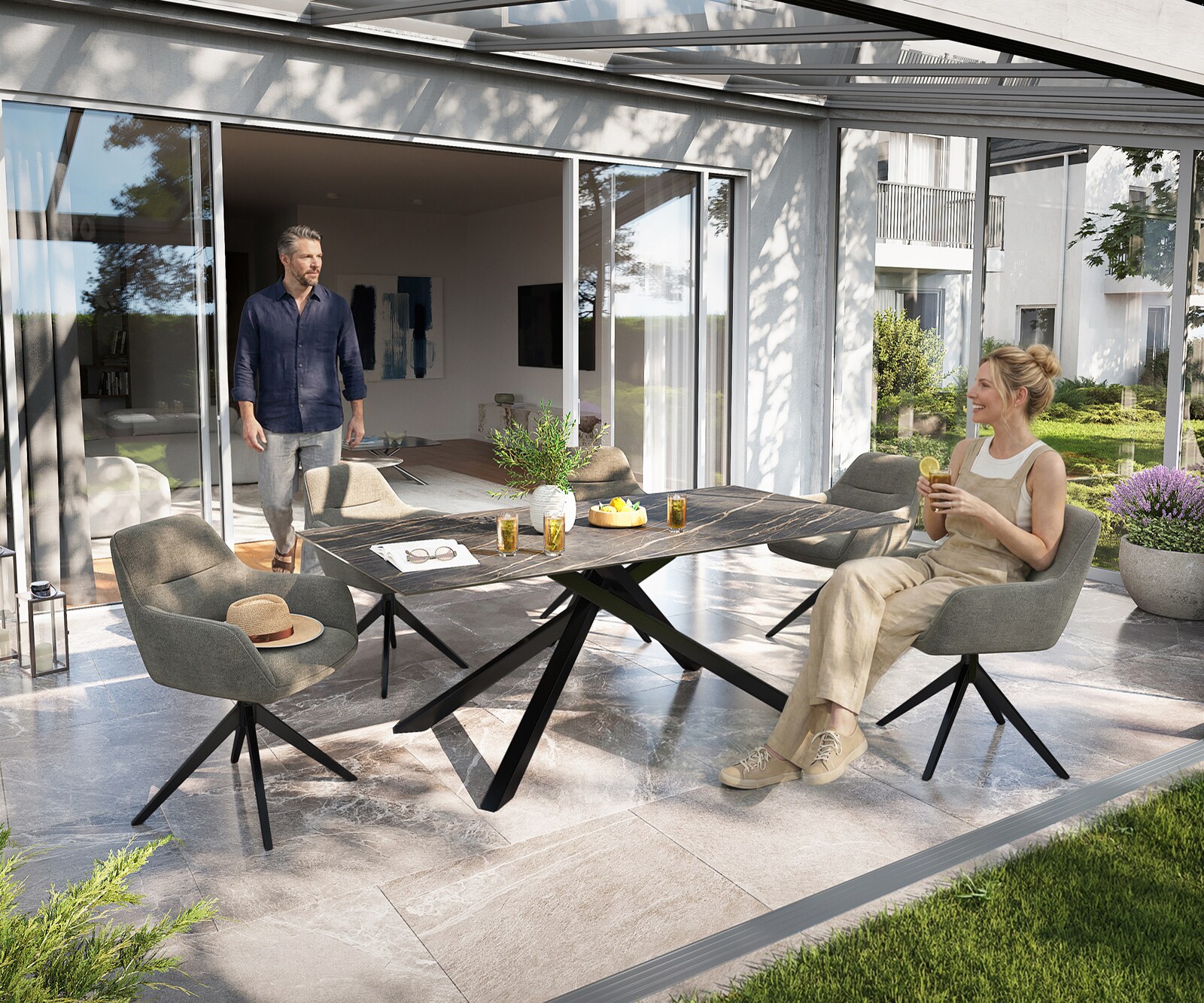 Outdoortisch Edge 200x100 cm Keramik Laminam® Noir Desir Braun Kreuzgestell Rechteck Schwarz 5