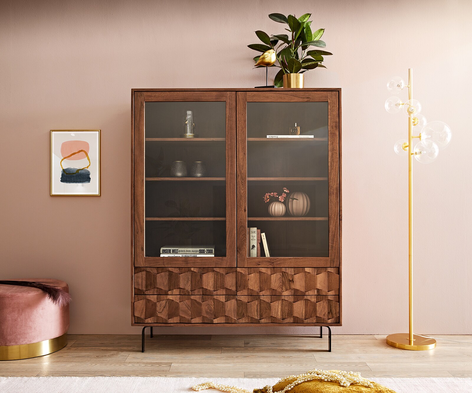 Vitrine Fevo 115x150 cm Akazie Braun L-Fuß 1