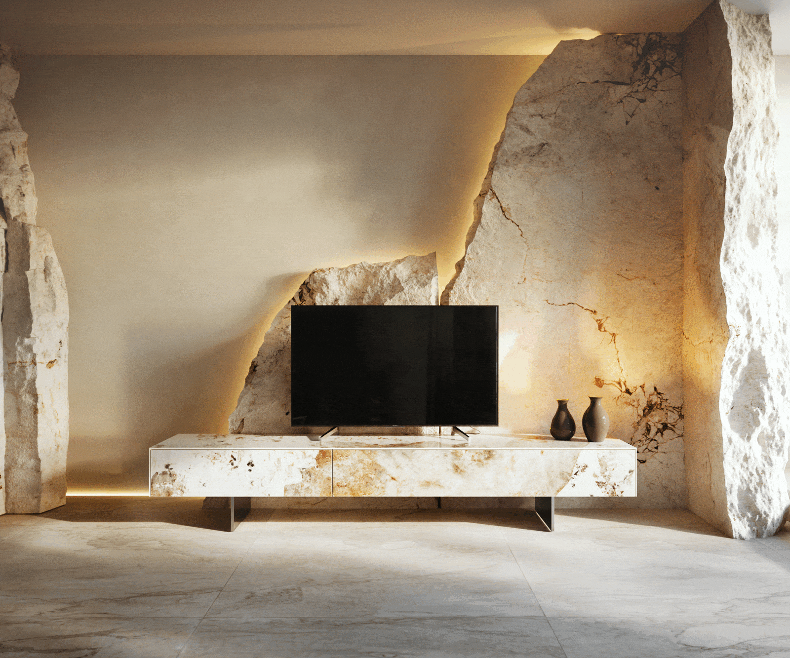 Lowboard Cuor 200 cm Keramik Minas Melange Weiß-Beige 1 Klappe 1 Schubfach Fuß Schwebeoptik Edelstahl 5 Lowboard Cuor 200 cm Keramik Minas Melange Weiß-Beige 1 Klappe 1 Schubfach Fuß Schwebeoptik Edelstahl 5