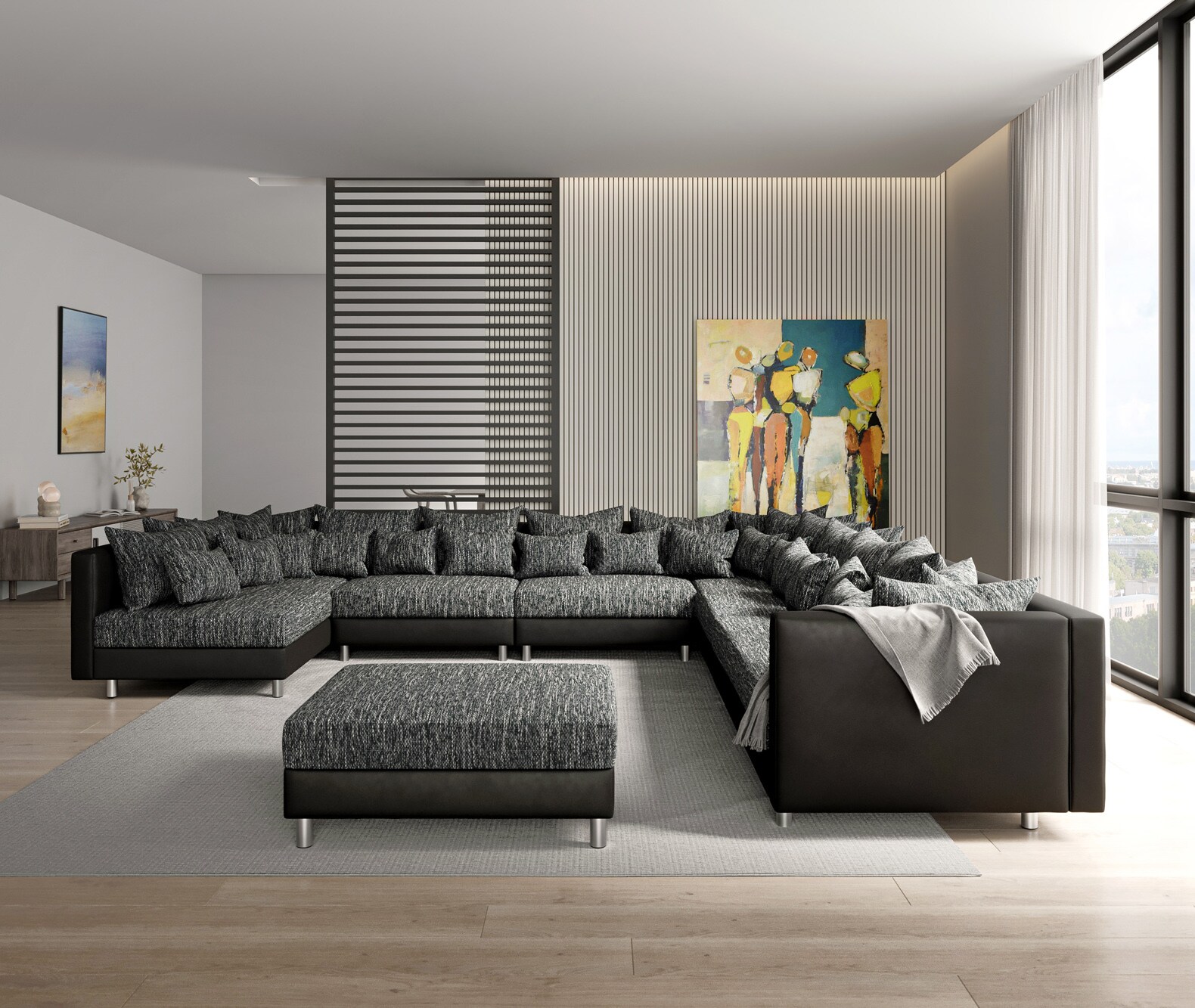 Wohnlandschaft Clovis XXL Schwarz Modular Hocker Ottomane Rechts 3