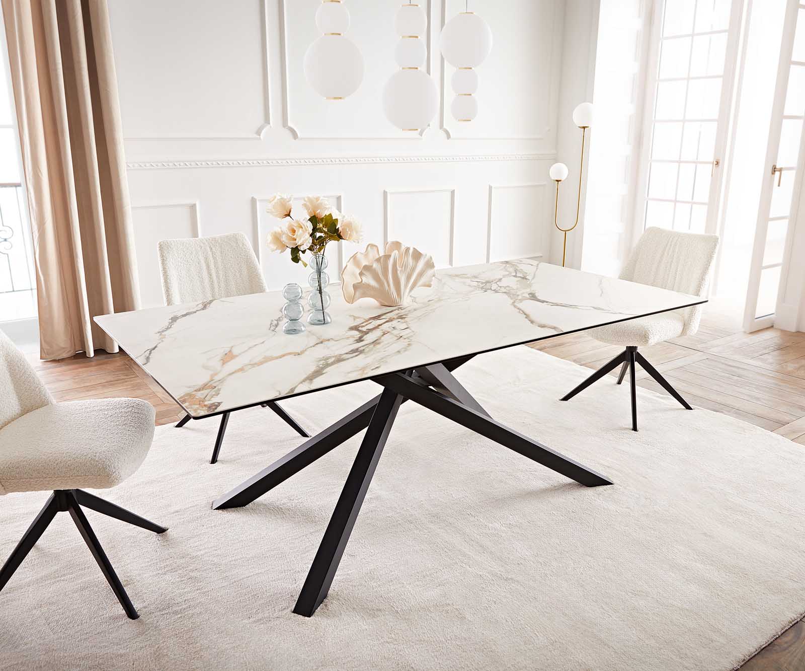 Esstisch Edge 200x100 Keramik Calacatta Luxe Weiß-Gold-Grau Kreuzgestell Rechteck Schwarz 1