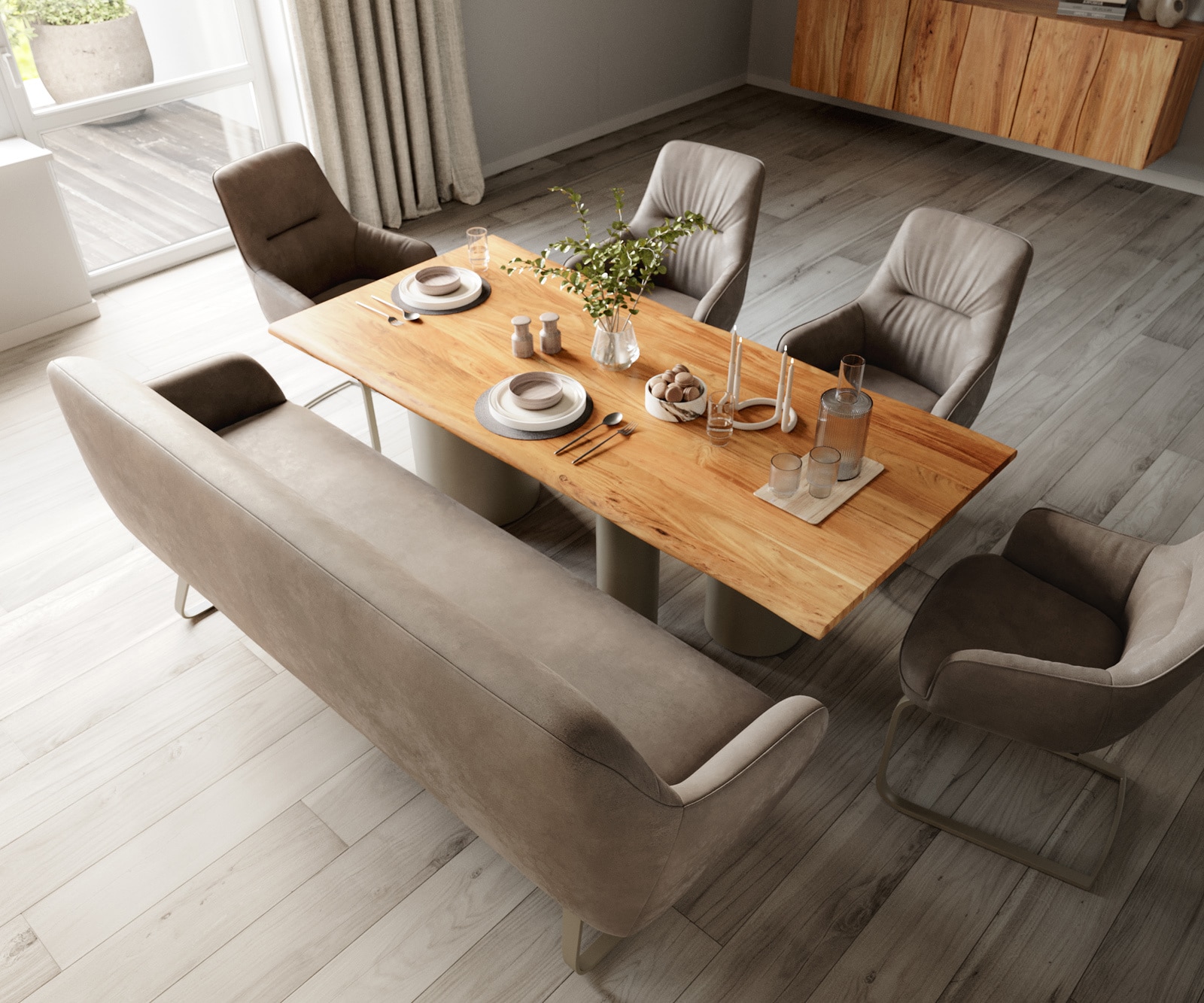 Esszimmerbank Taya-Flex 200 cm Mikrofaser Taupe Vintage Kufengestell flach Effektfinish Titan Taschenfederkern 3