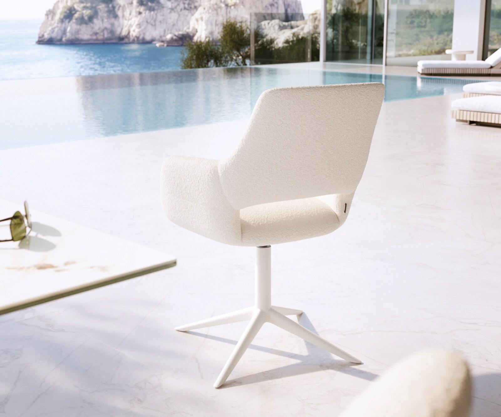 Outdoorstuhl Yago-Flex mit Armlehnen Bouclé Weiß Fußkreuz Weiß 360° drehbar Wippfunktion 4