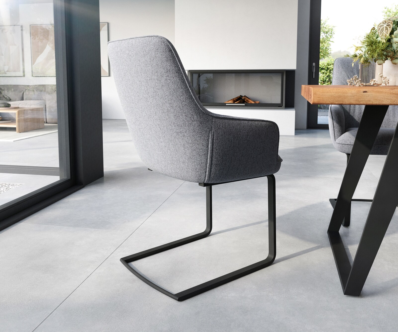 Freischwinger Zelia-Flex mit Armlehnen Strukturstoff Hellgrau Freischwinger flach Schwarz Taschenfederkern 4