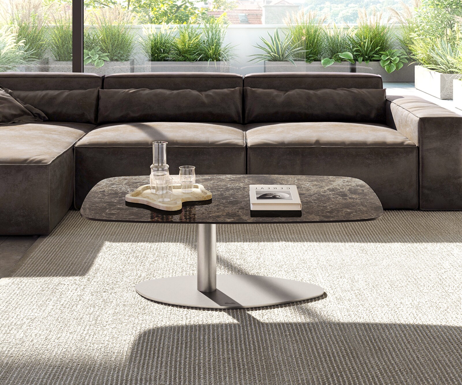 Couchtisch Edge Boot 120x70 cm Keramik Emperador Extra Lucidato Dunkelbraun Vibany Edelstahl gebürstet 1