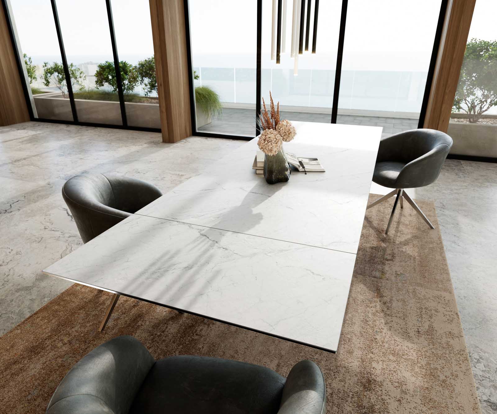 Esstisch Edge 200-300x100 Keramik Laminam®Statuarietto Weiß Wave Edelstahl ausziehbar 6 Esstisch Edge 200-300x100 Keramik Laminam®Statuarietto Weiß Wave Edelstahl ausziehbar 6