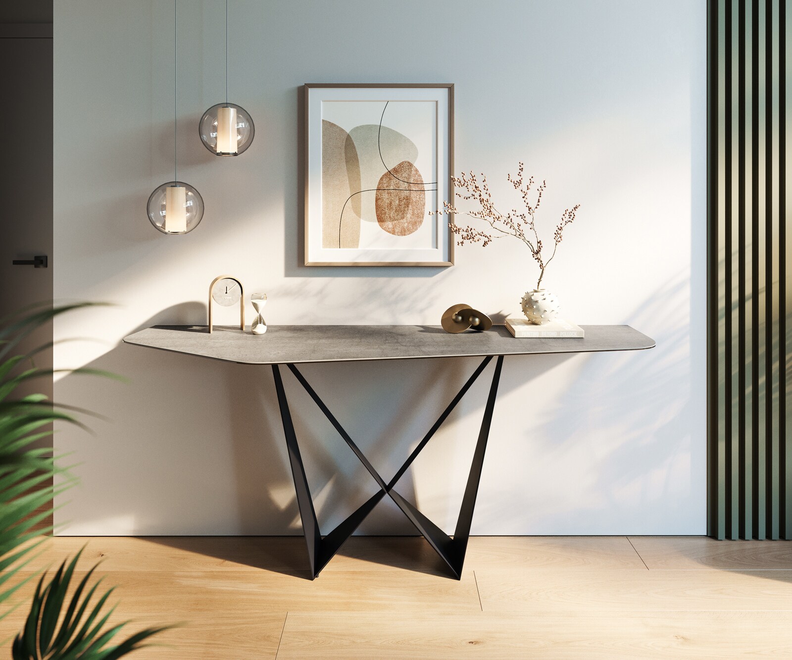 Konsolentisch Edge Polygonal 180x50 cm Keramik Beton Grau Spios Metall Schwarz 3