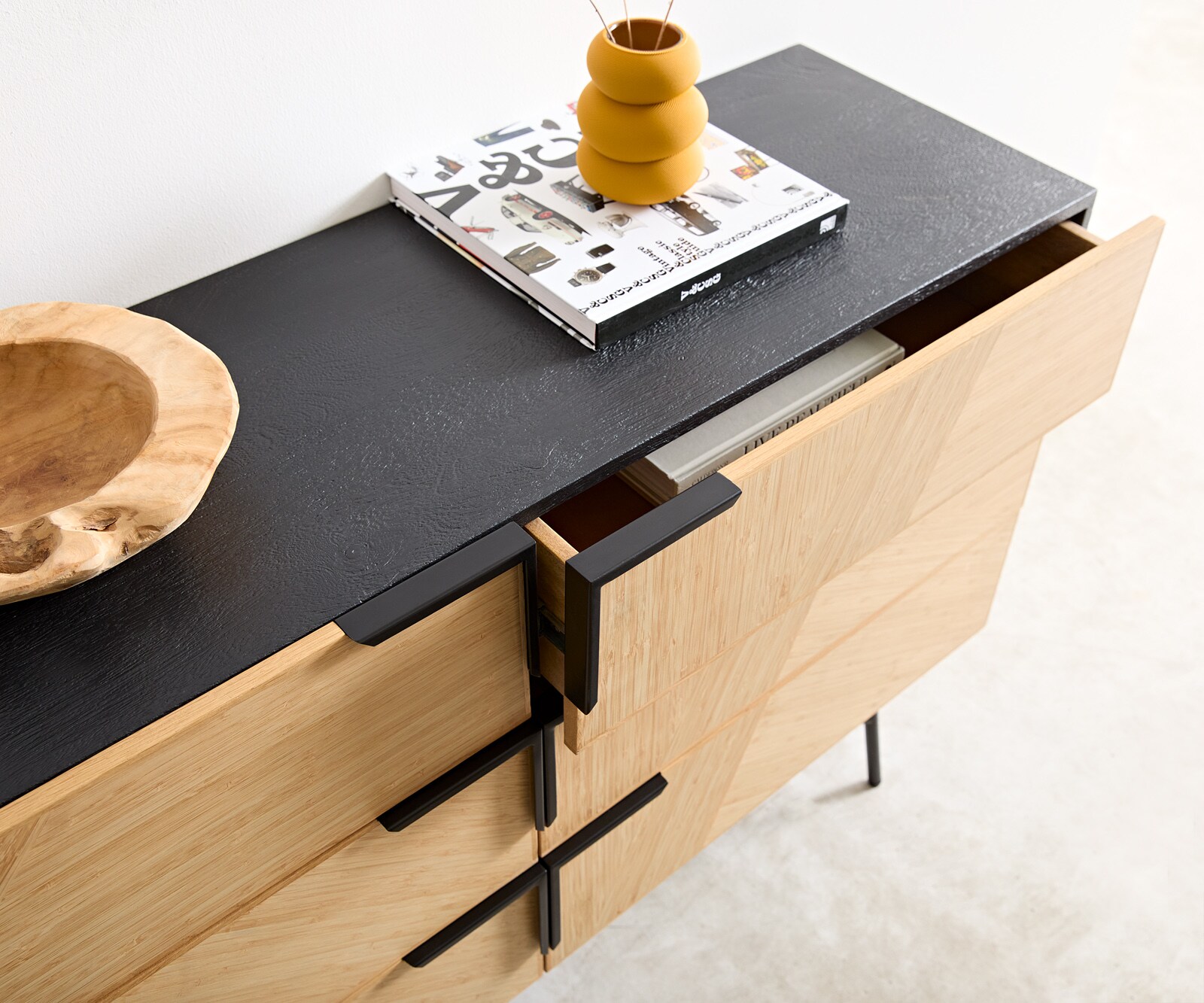 Sideboard Mikkusu 140 cm Bambus Natur Mango Schwarz 6 Schubladen Metall Schwarz 4