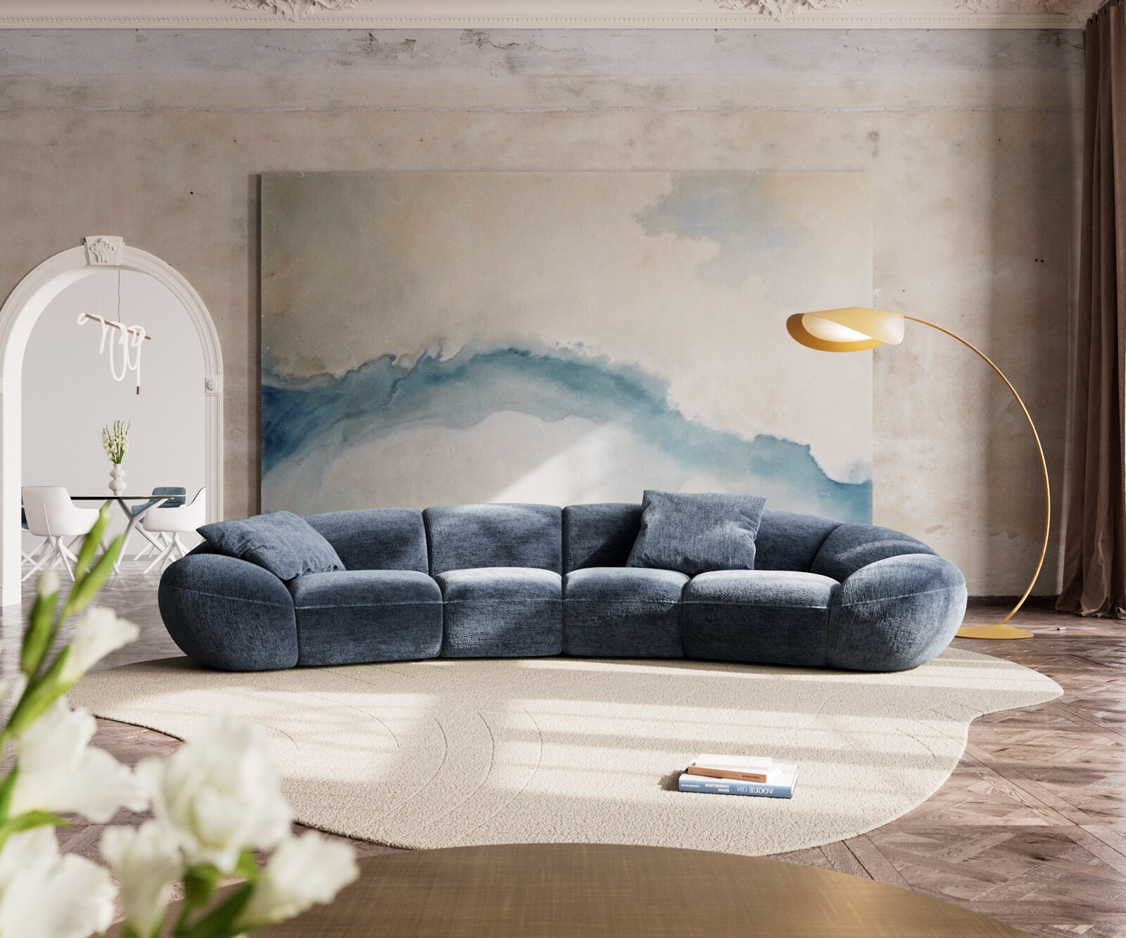 Big-Sofa Lunna 360x175 cm Chenille Blau 2 Kissen 1