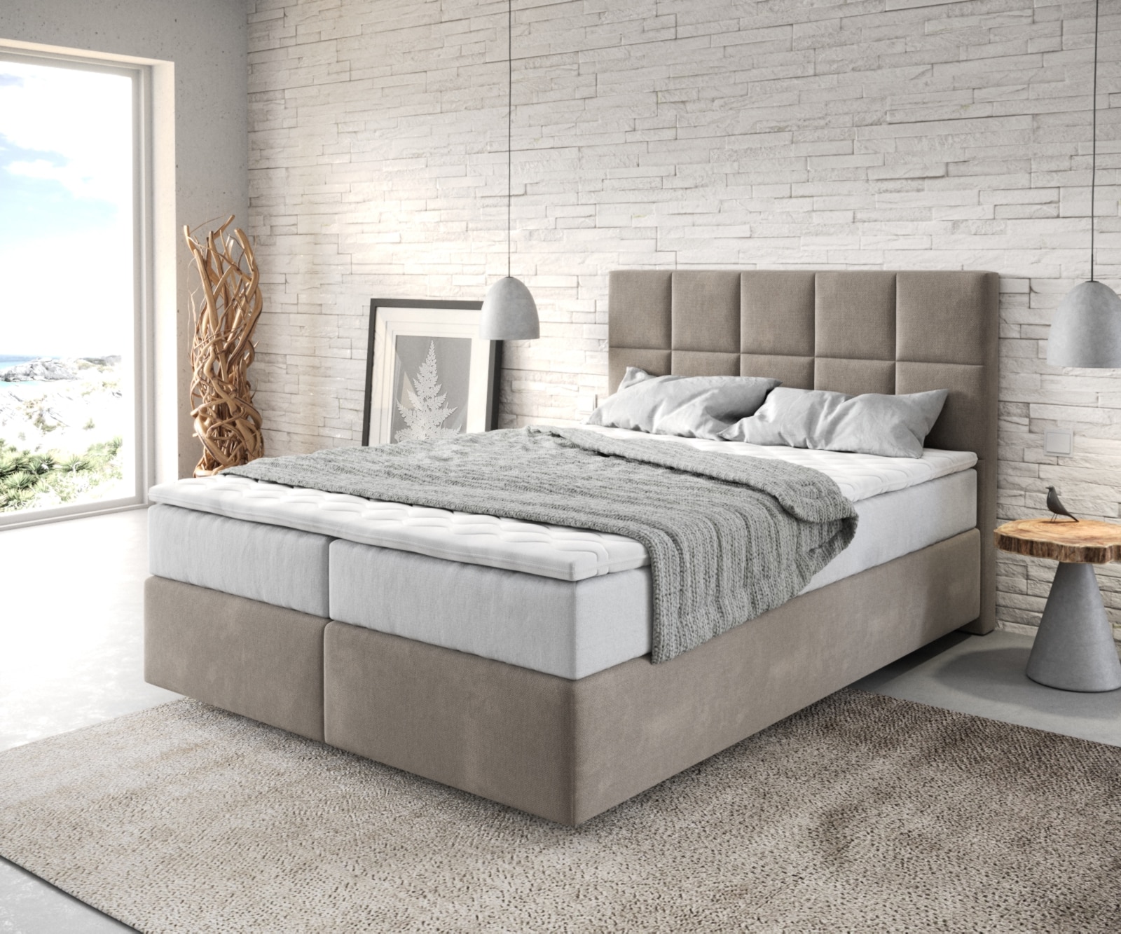 Boxspringbett Dream-Fine 140x200 cm Mikrofaser Beige mit TFK Matratze und Visco Topper Boxspringbett Dream-Fine 140x200 cm Mikrofaser Beige mit TFK Matratze und Visco Topper