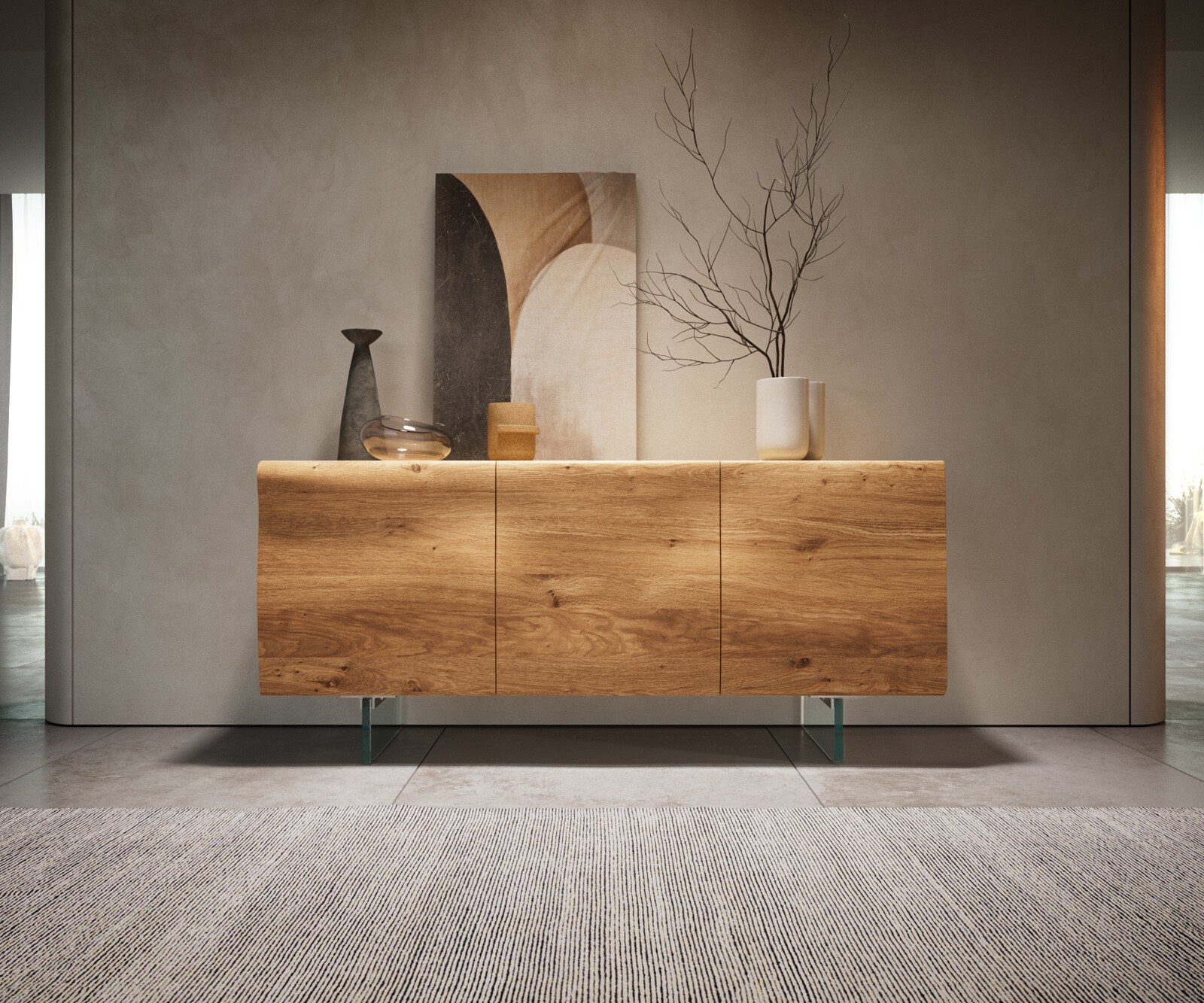 Sideboard New Live-Edge 145 cm Eiche Natur 3 Türen Glasfuß