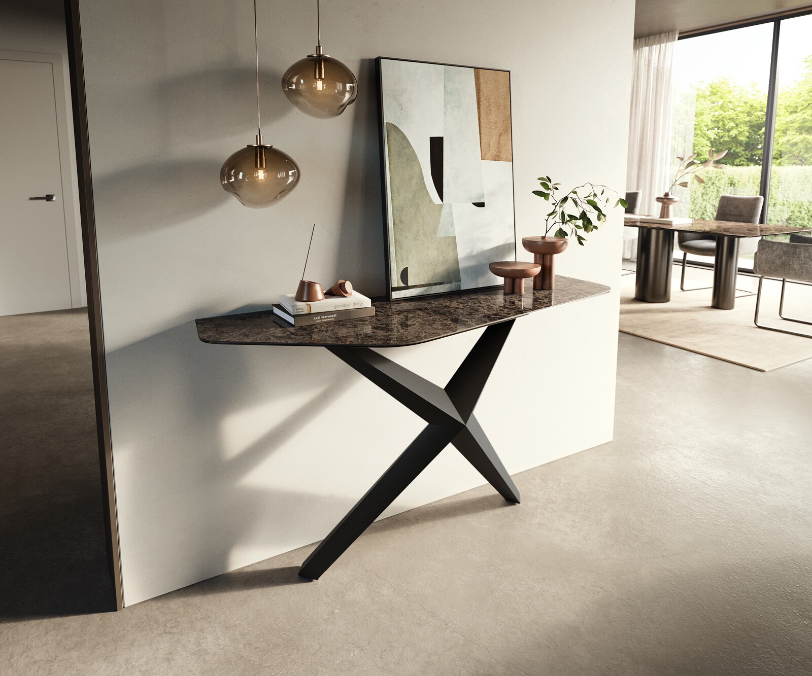 Konsolentisch Edge Polygonal 140x50 cm Keramik Emperador Extra Lucidato Dunkelbraun Zentharo Metall Schwarz 4