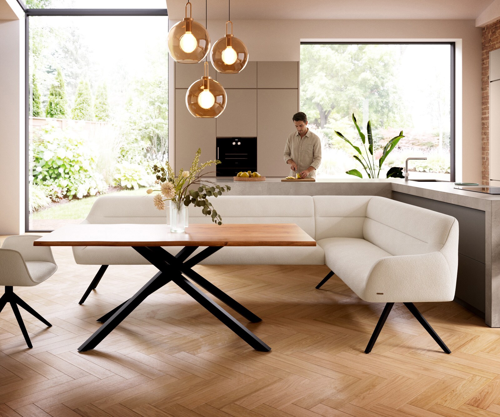 Esszimmerbank Taya-Flex 285x190 cm Bouclé Creme-Weiß Kreuzgestell kantig Schwarz Taschenfederkern Links 1