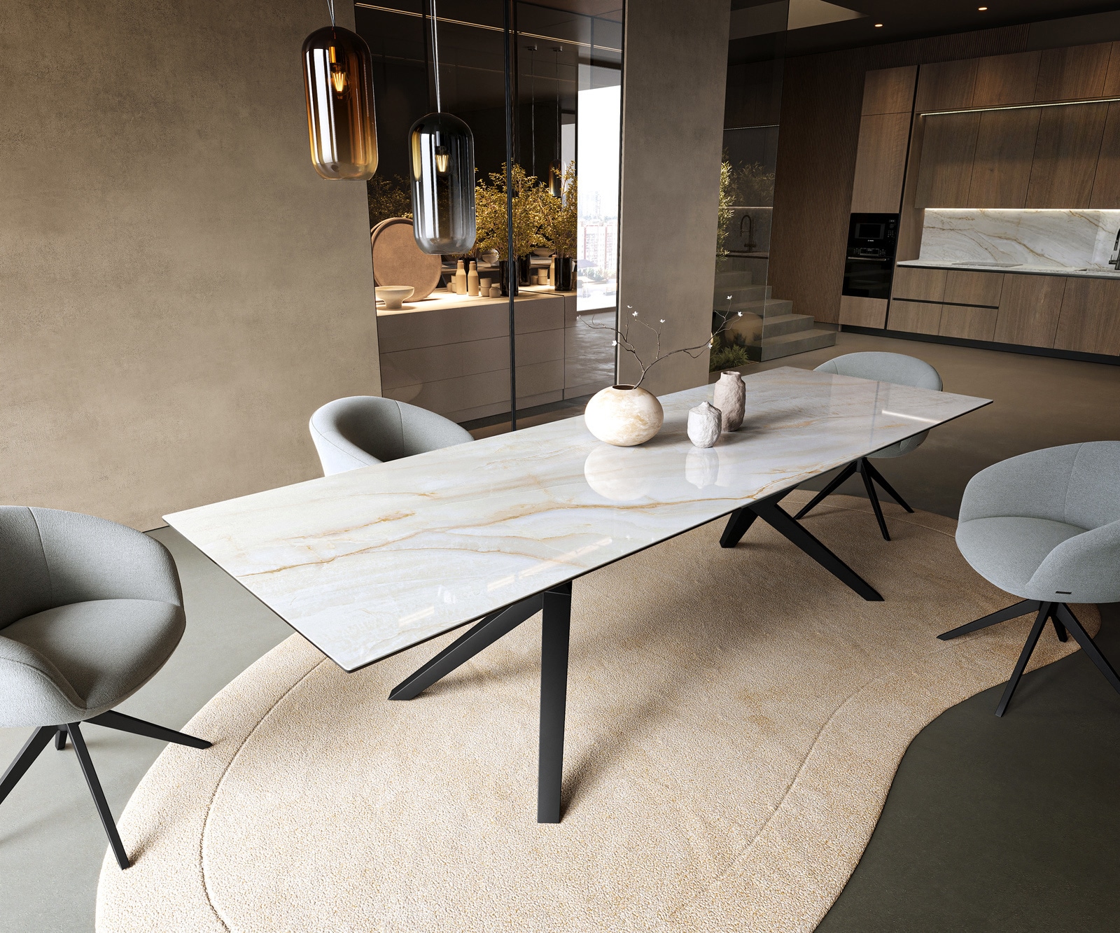 Esstisch Edge 300x100 cm Keramik Onyx Pearl Zenthara kantig Metall Schwarz