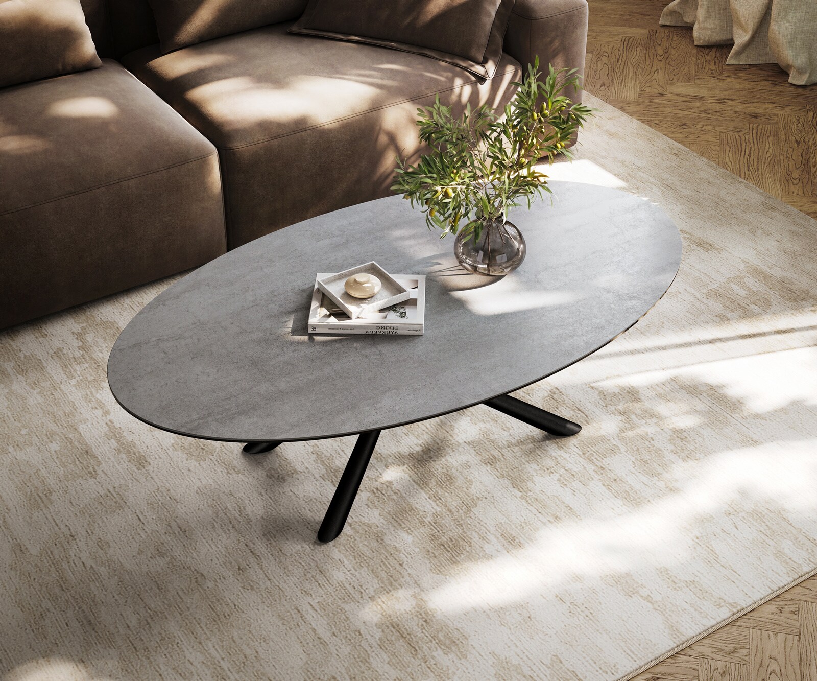 Couchtisch Edge Oval 140x80 cm Keramik Beton Grau Sarity Metall Schwarz 3