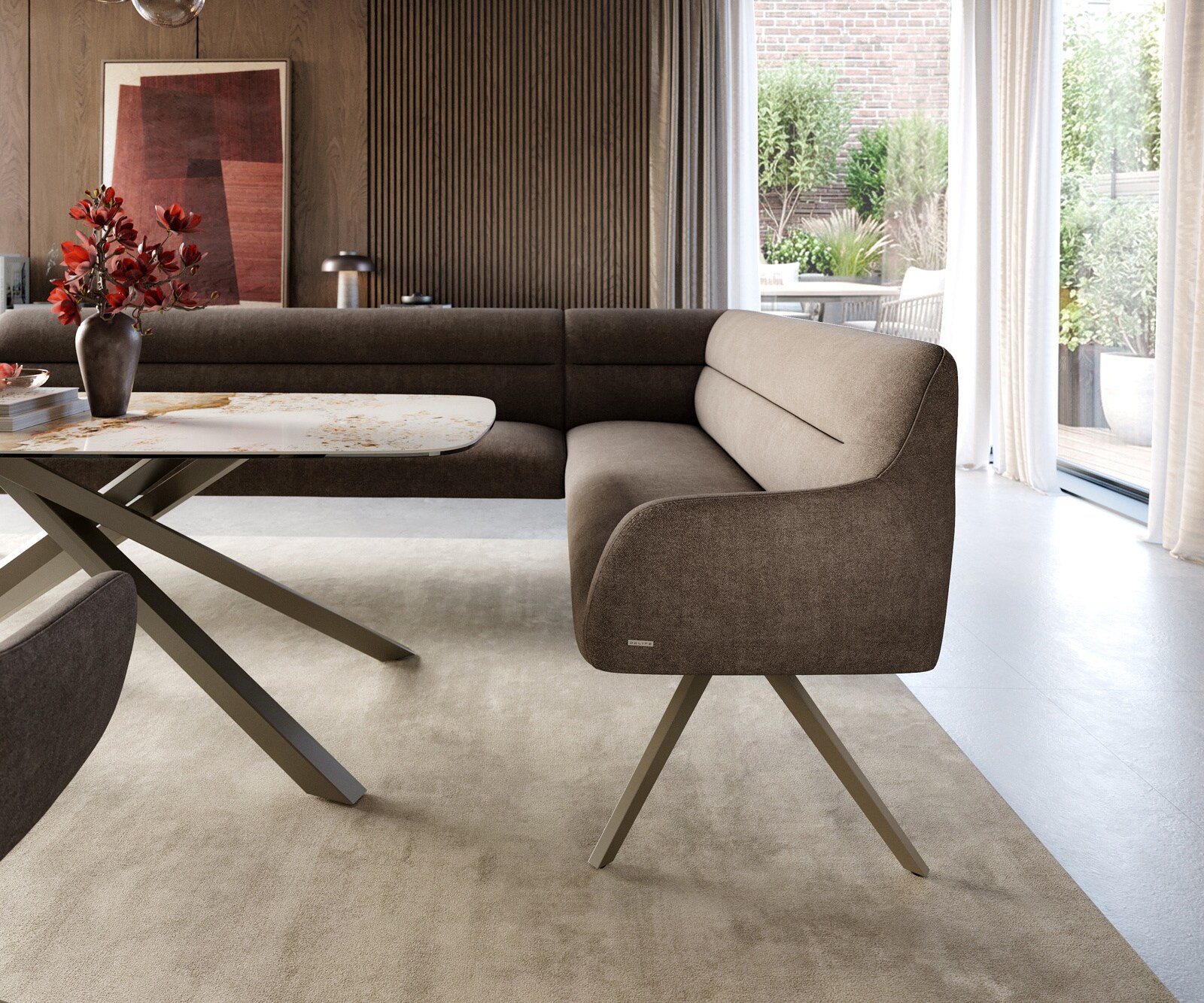 Esszimmerbank Taya-Flex 285x190 cm Strukturstoff Soft Taupe Kreuzgestell kantig Effektfinish Titan Taschenfederkern Links 5