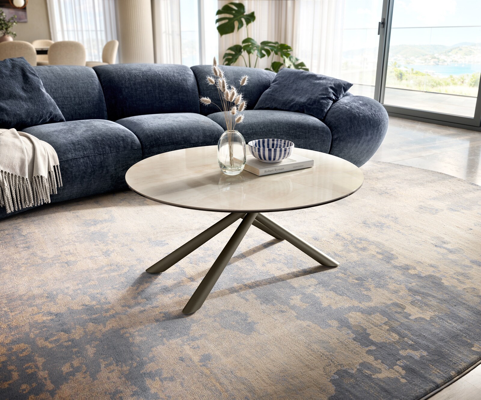 Couchtisch Edge Rund 90x90 cm Keramik Onyx Champagne Sarity Metall Effektfinish Titan