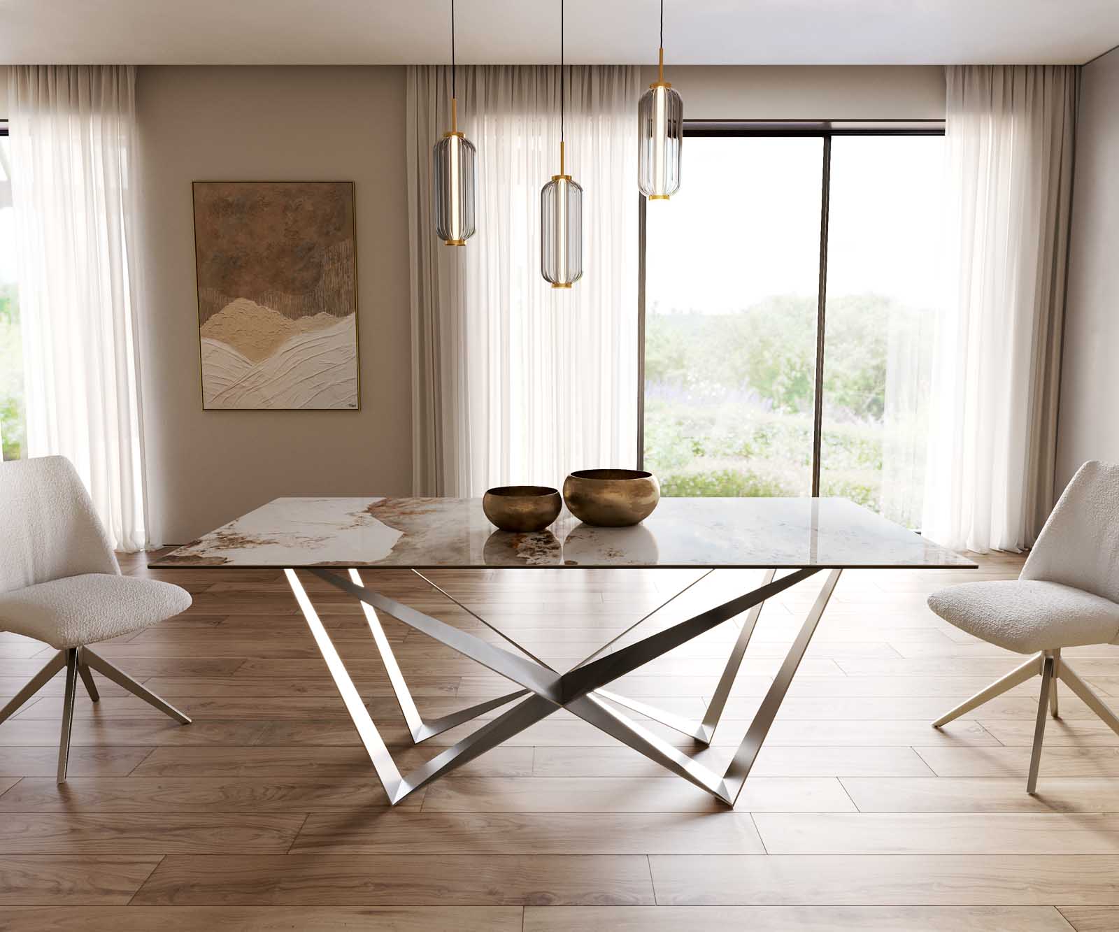 Esstisch Edge 200x100 Keramik Minas Melange Weiß-Beige Spider Flachstahl Edelstahl 1