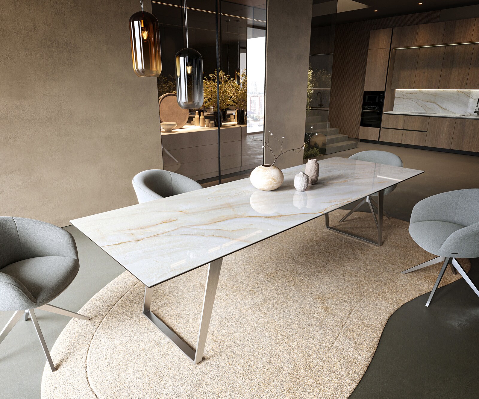 Esstisch Edge 300x100 cm Keramik Onyx Pearl Edelstahl Schräg 1