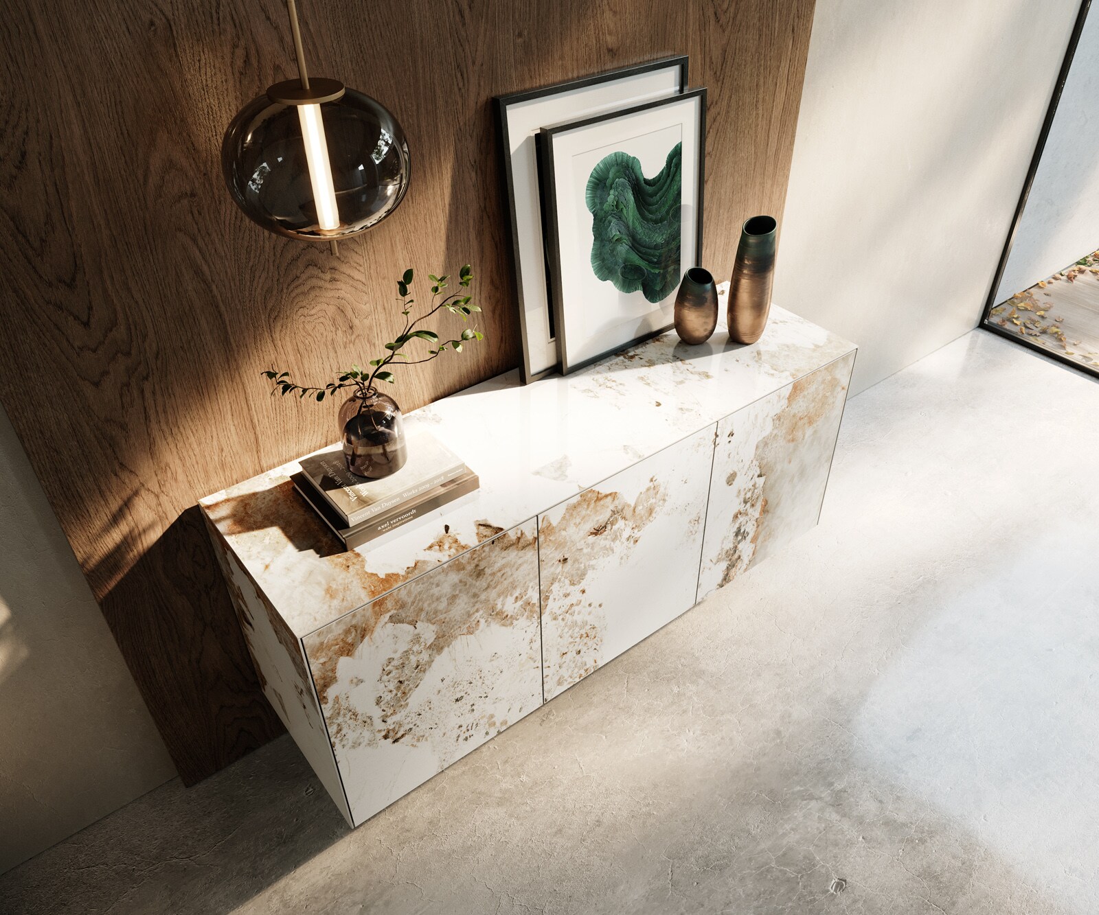 Sideboard Cuor 150 cm Keramik Minas Melange Weiß-Beige 3 Türen Schwebend 4