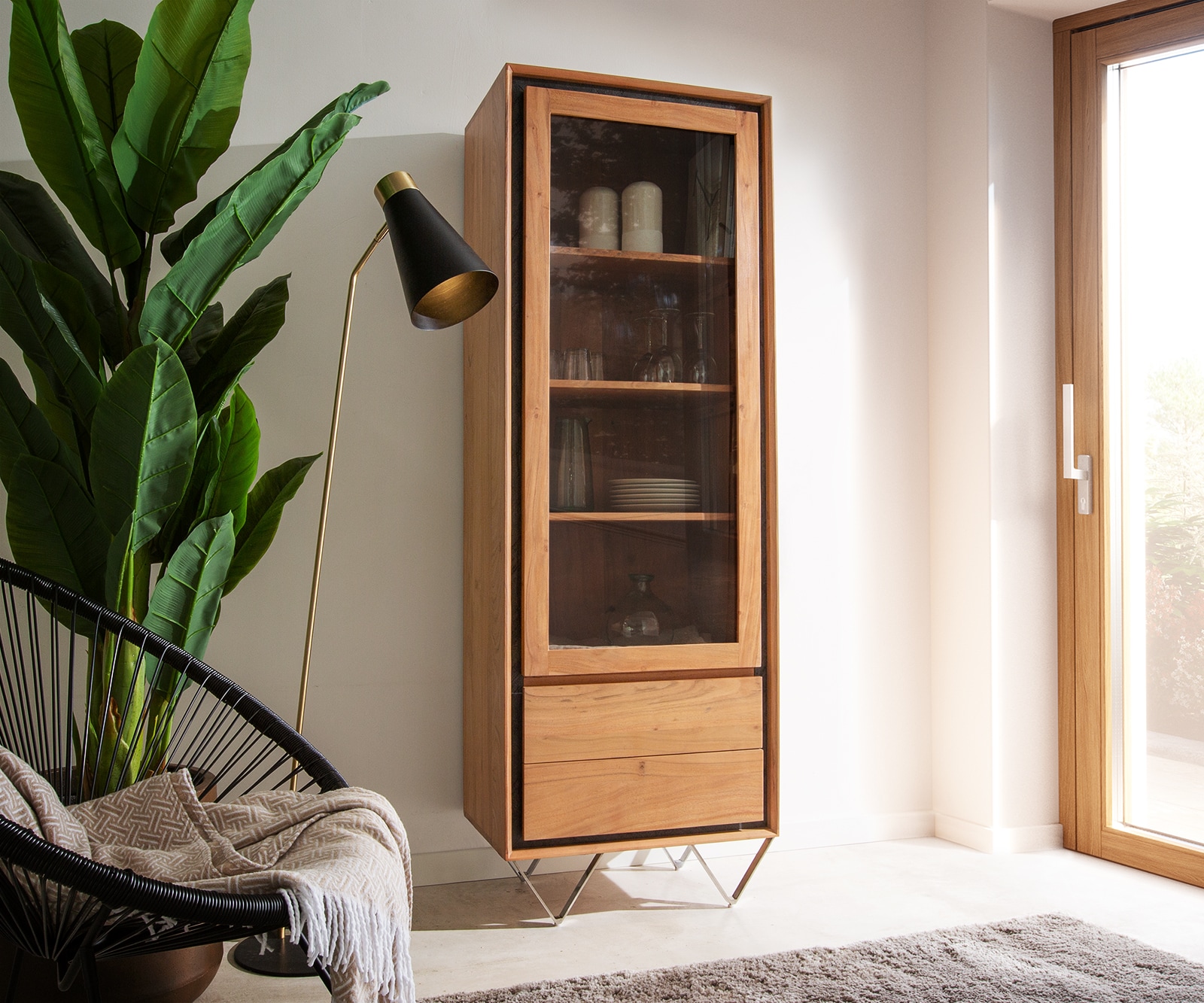 Vitrine Stonegrace 55x180 Akazie Natur 1 Tür 2 Schubladen Steinfurnier V-Fuß Vitrine Stonegrace 55x180 Akazie Natur 1 Tür 2 Schubladen Steinfurnier V-Fuß