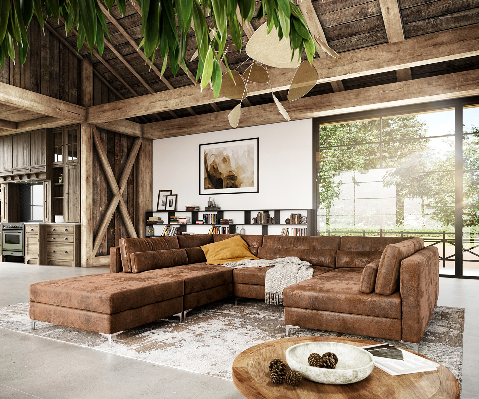 sofa elio lederimitat vintage braun antik 300x185 cm mit hocker