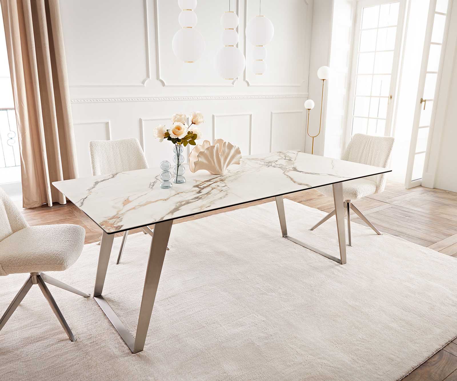 Esstisch Edge 200x100 Keramik Calacatta Luxe Weiß-Gold-Grau Edelstahl Schräg 1