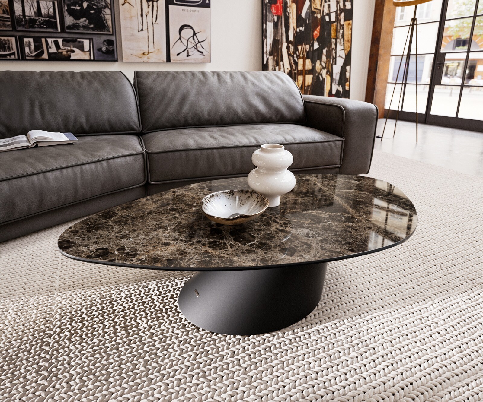 Wohnzimmertisch Edge Organisch 140x76 cm Keramik Emperador Extra Lucidato Dunkelbraun Conis Metall Schwarz