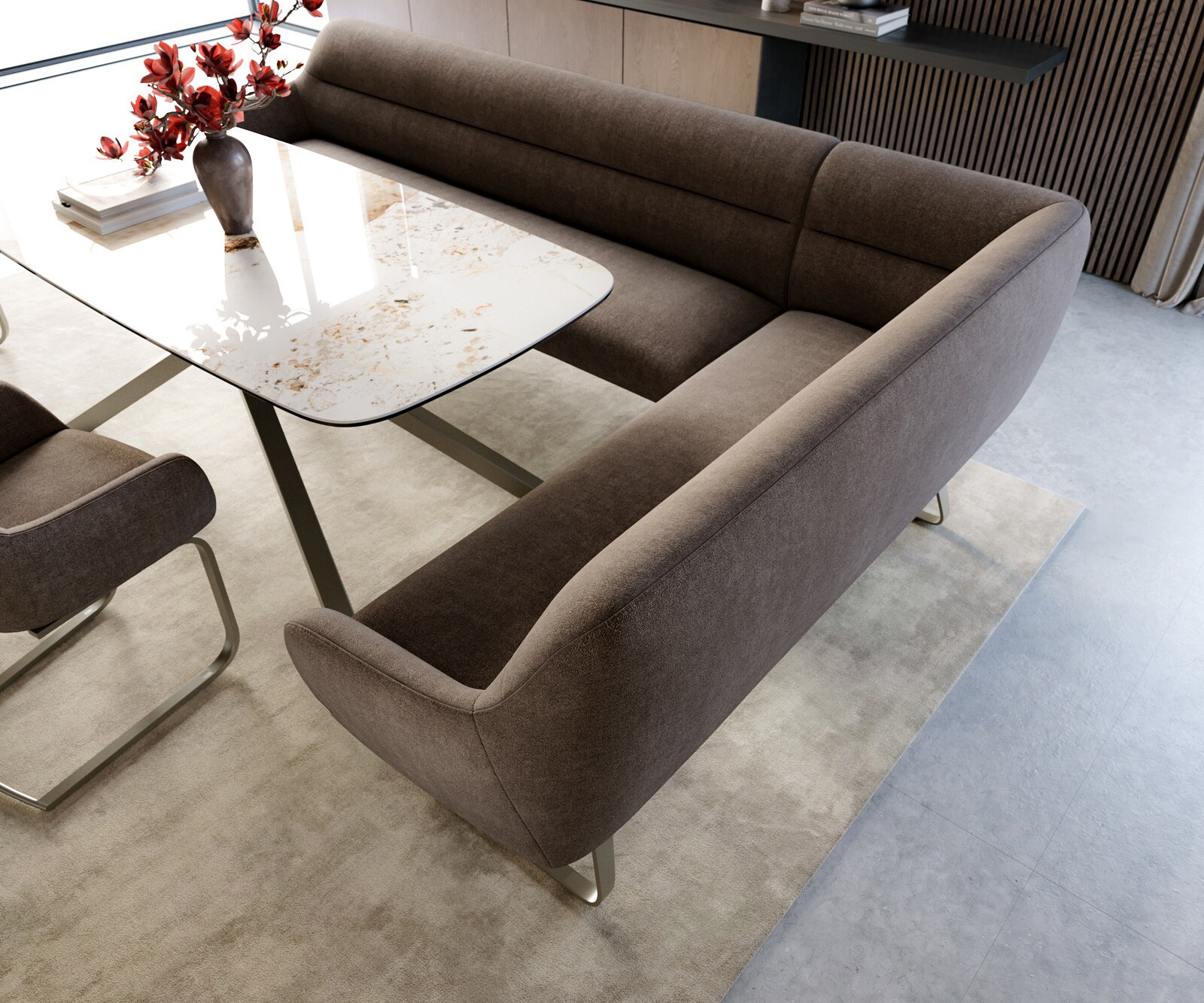 Esszimmerbank Taya-Flex 285x190 cm Strukturstoff Soft Taupe Kufengestell flach Effektfinish Titan Taschenfederkern Links 4