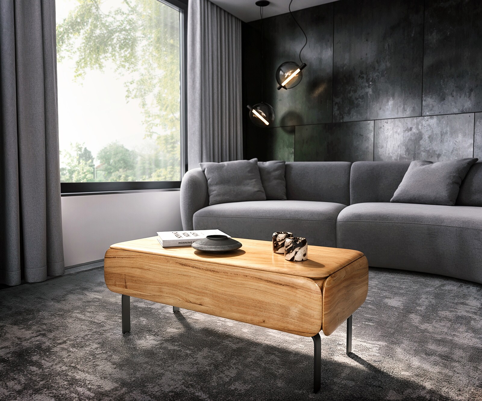 Couchtisch Shavani 100x50 cm Akazie Natur 1 Schublade L-Fuß Metall Schwarz