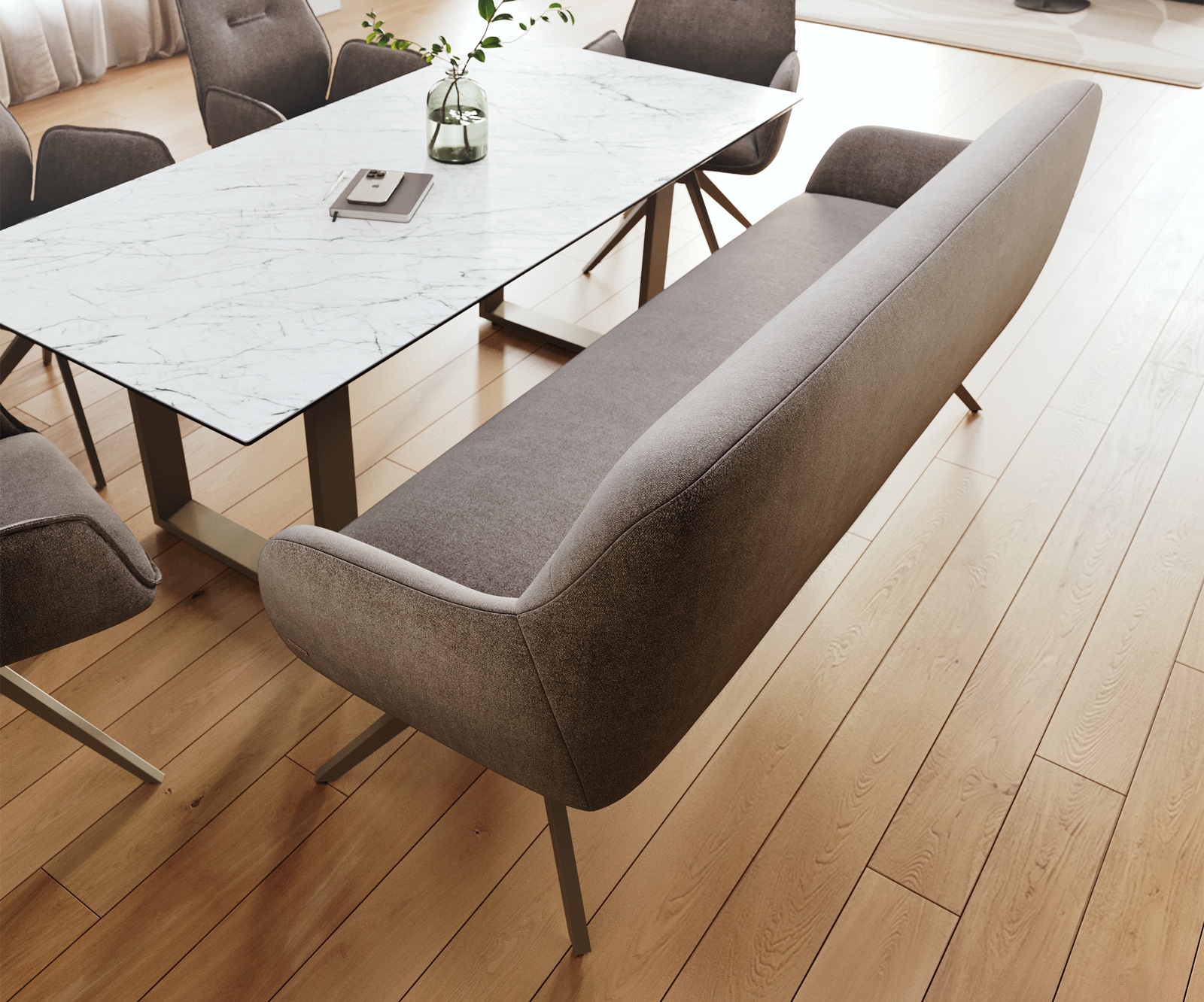 Esszimmerbank Taya-Flex 200 cm Strukturstoff Soft Taupe Kreuzgestell kantig Effektfinish Titan Taschenfederkern 4