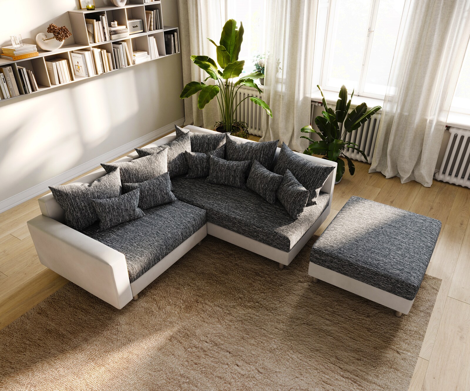 Ecksofa Clovis Weiss Schwarz Hocker Armlehne Ottomane Rechts modular 3