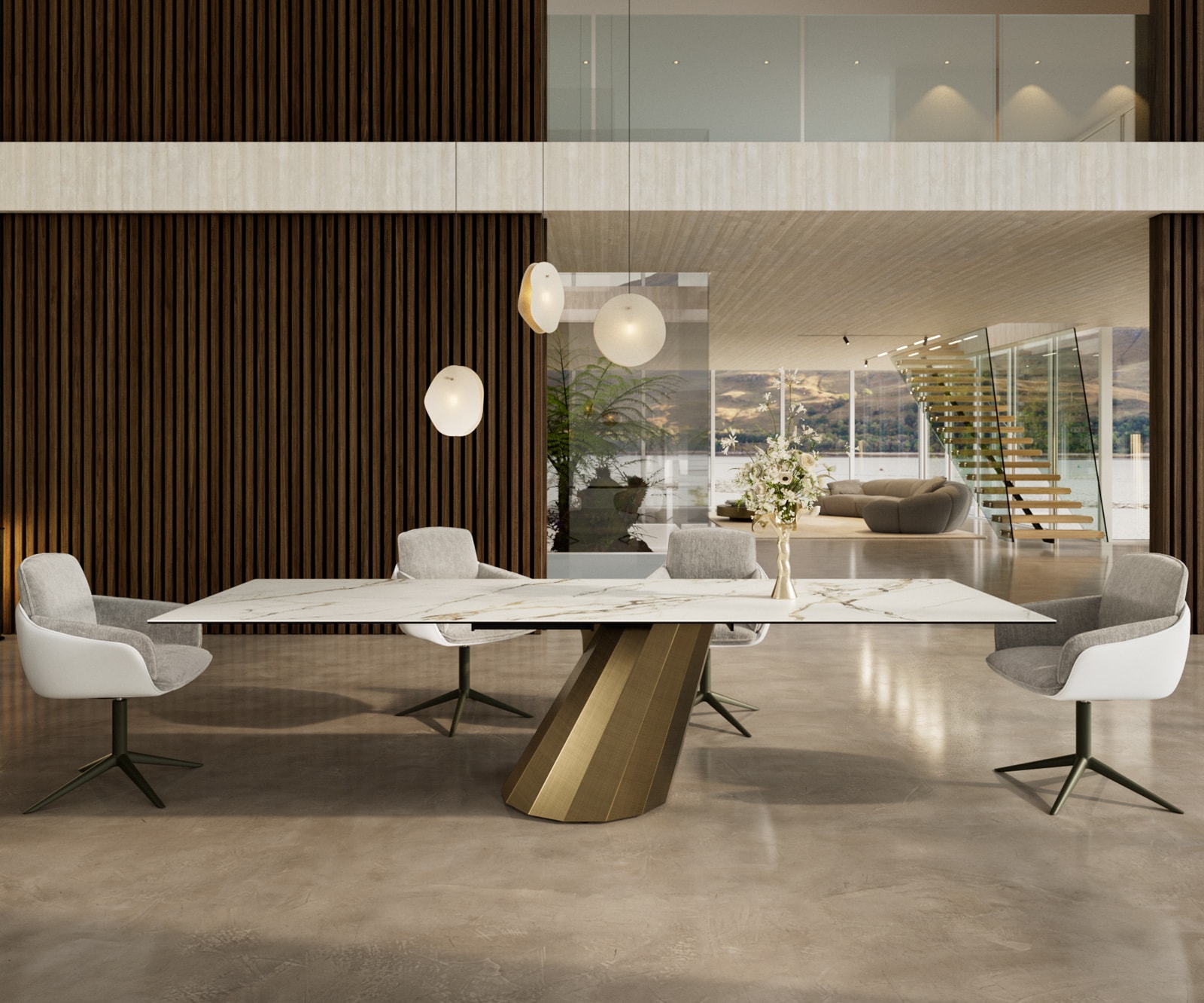 Esstisch Edge 300x100 Keramik Calacatta Luxe Weiß-Gold-Grau Parabel Metallic Gold Esstisch Edge 300x100 Keramik Calacatta Luxe Weiß-Gold-Grau Parabel Metallic Gold