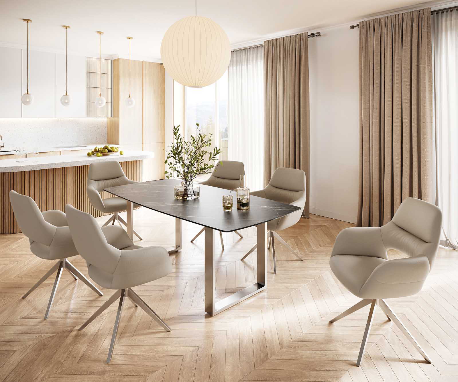 Esstisch Edge Bootsform 200x100 Keramik Laminam® Noir Desir Braun Edelstahl Schmal 6