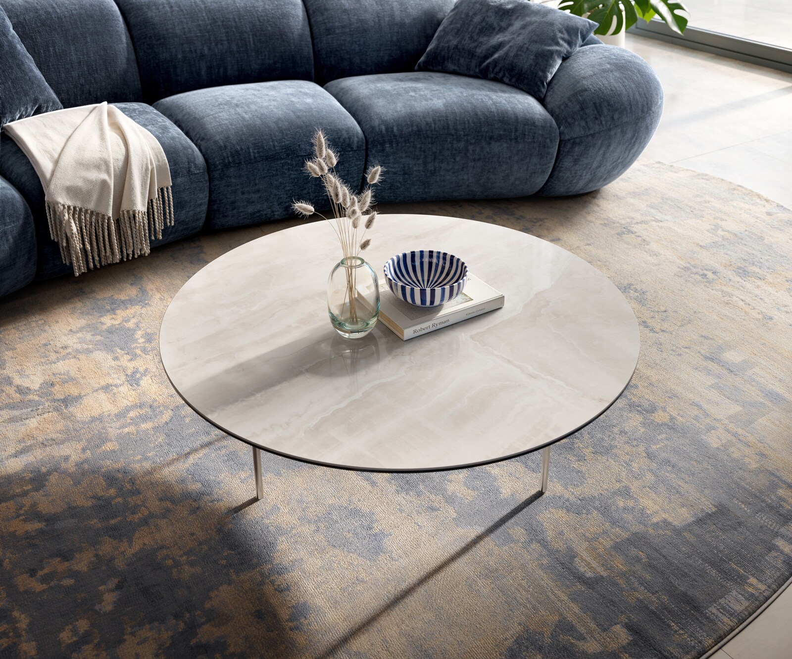Couchtisch Edge Rund 100x100 cm Keramik Onyx Champagne Trive Edelstahl gebürstet 4