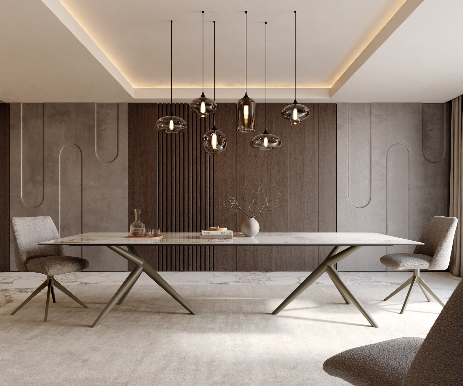 Esstisch Edge 300x100 Keramik Minas Melange Weiß-Beige Estelar rund Metall Effektfinish Titan 2