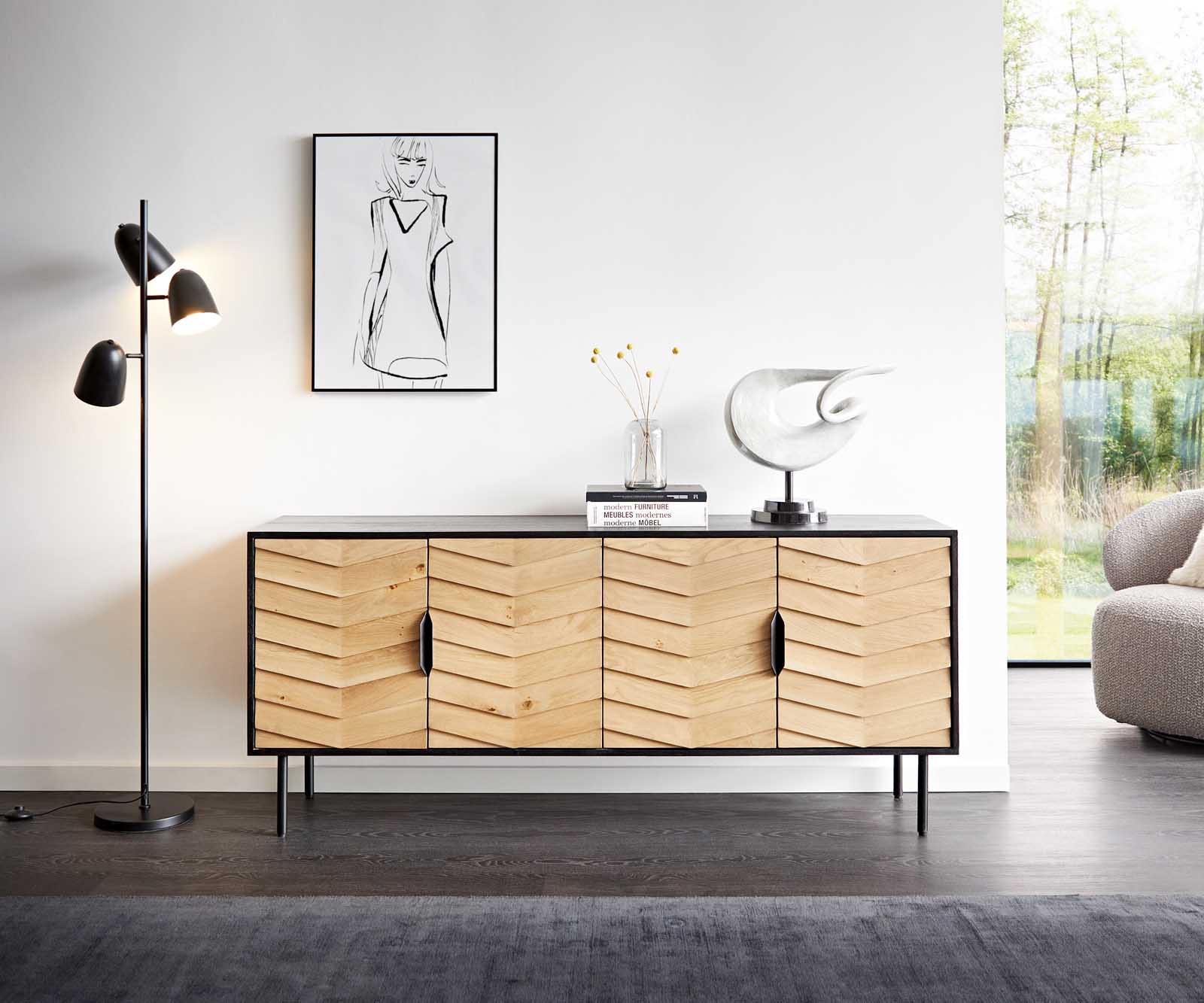 Sideboard Muvi 175 cm Eiche Natur Mango Schwarz Metall Schwarz 4 Türen 1