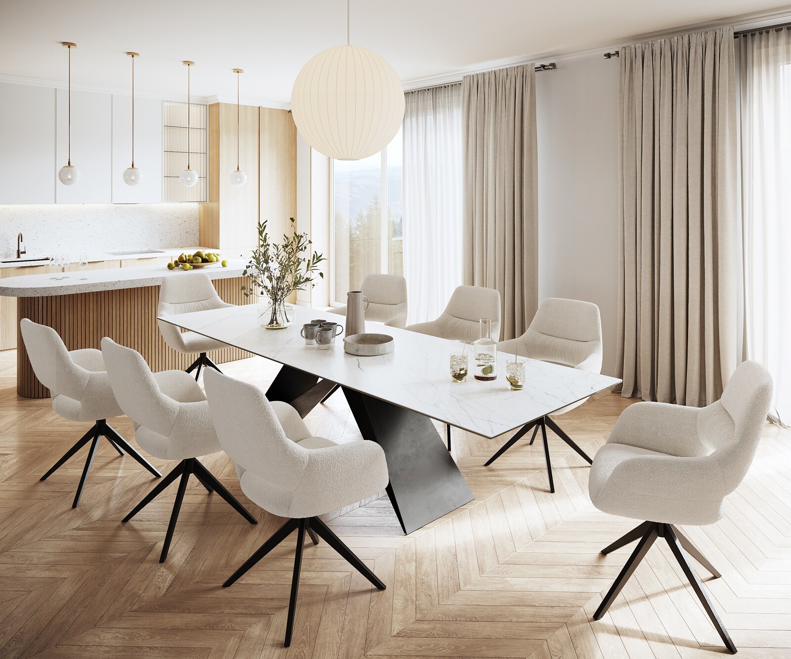 Esstisch Edge 300x100cm Keramik Laminam®Statuarietto Weiß V-Mittelfuß Schwarz 6