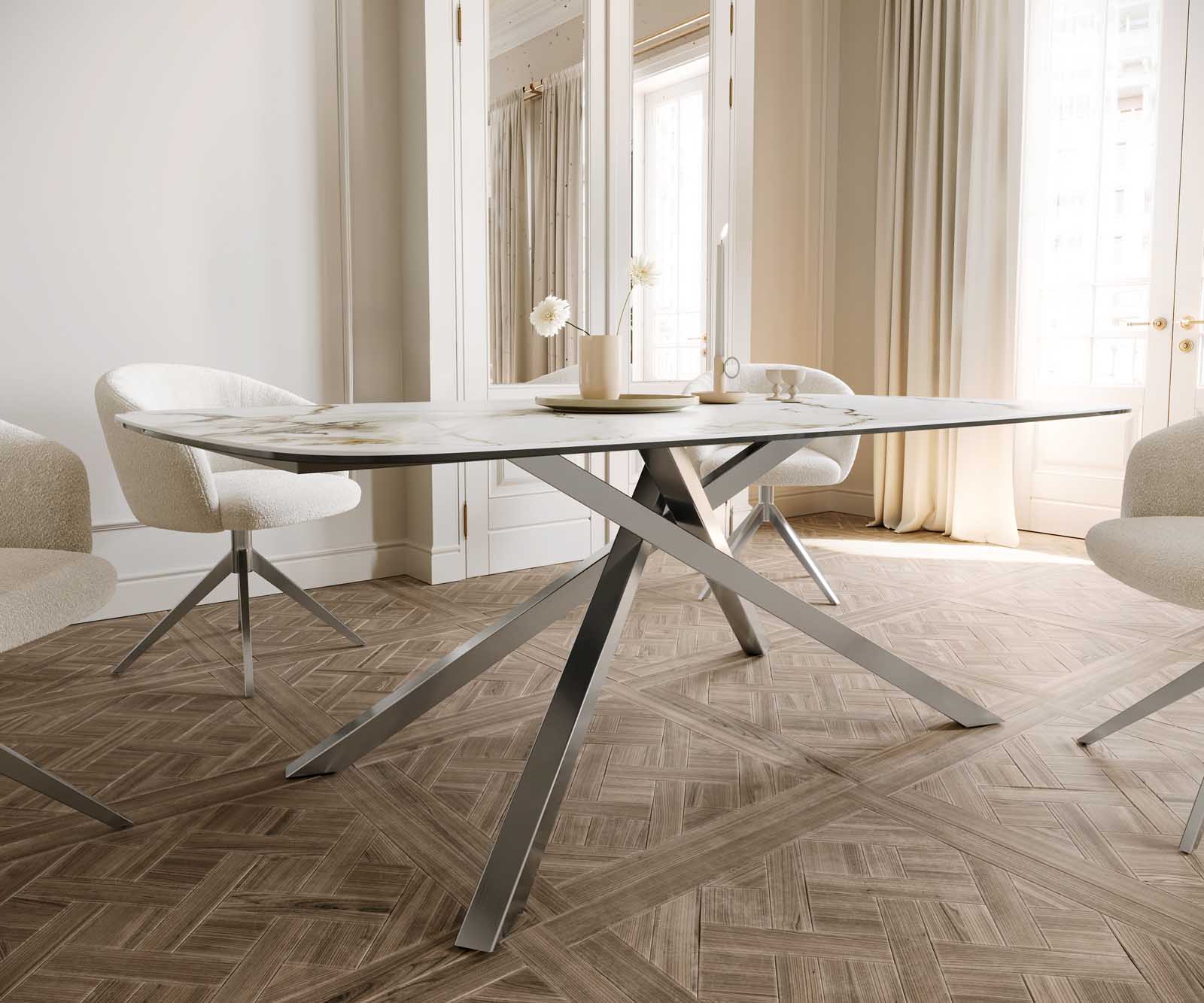 Esstisch Edge Boot 200x100 Keramik Calacatta Luxe Weiß-Gold-Grau Kreuzgestell Rechteck Edelstahl 5