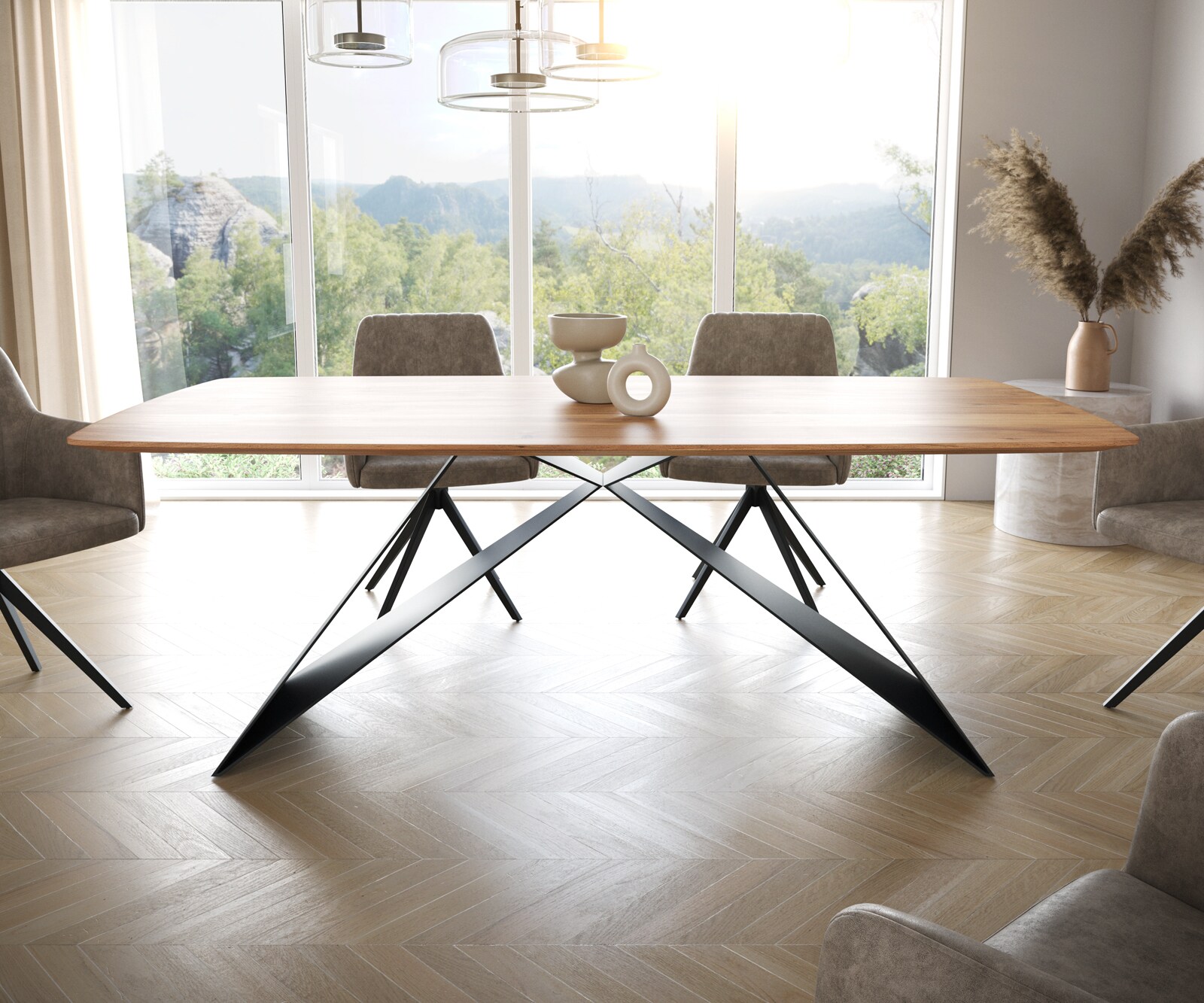 Esstisch Edge Boot 200x100 Akazie Natur V-Gestell Flachstahl Schwarz Schweizer Kante 2