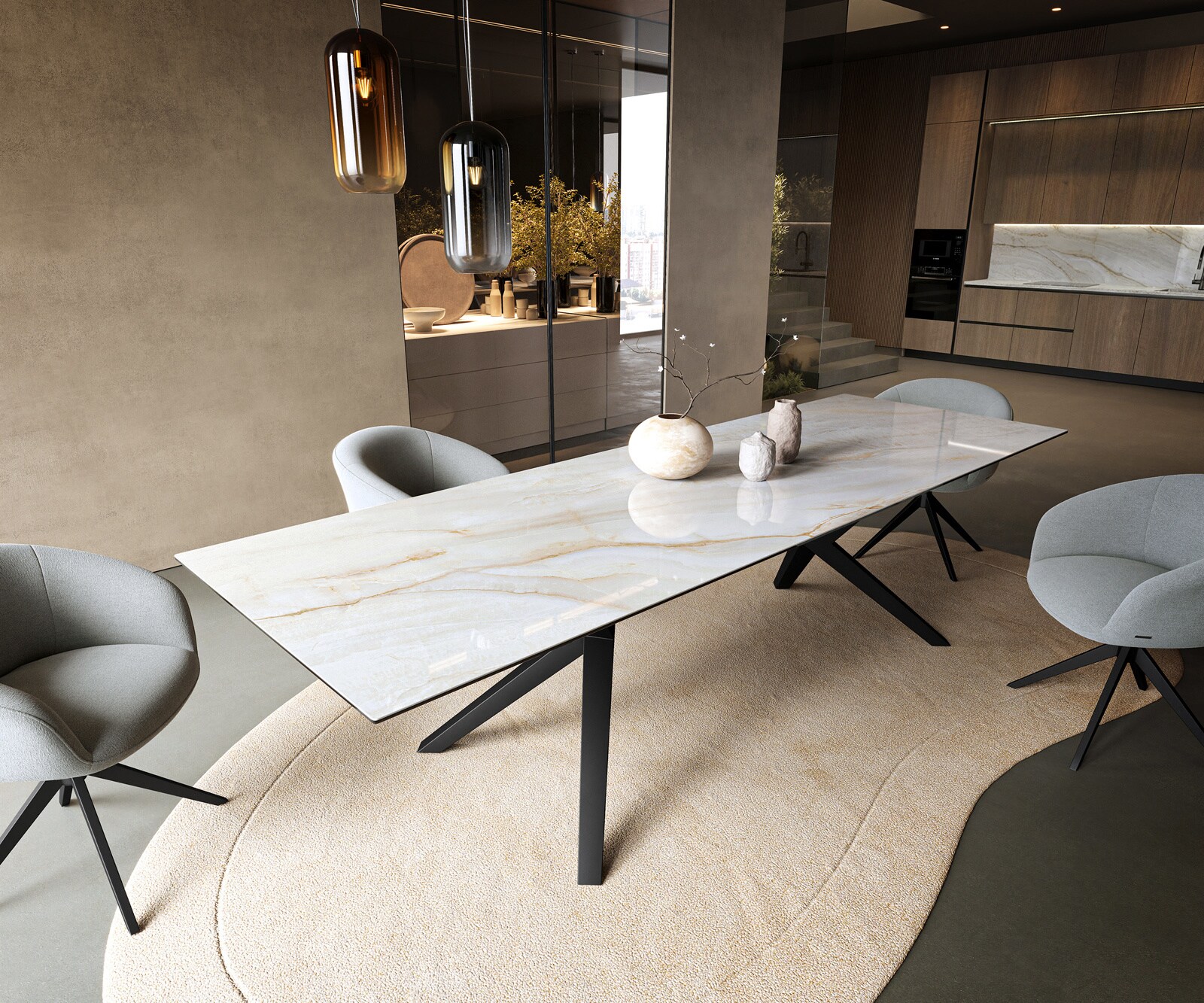 Esstisch Edge 300x100 cm Keramik Onyx Pearl Zenthara kantig Metall Schwarz 1