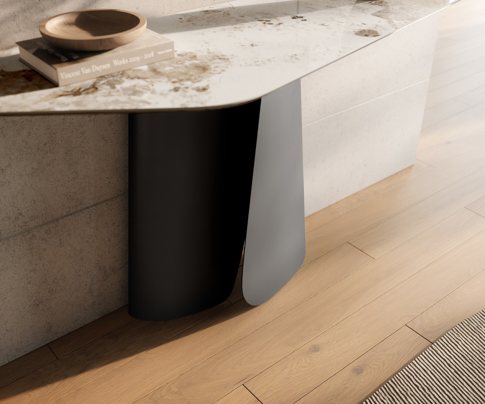 Konsolentisch Edge Polygonal 140x50 cm Keramik Minas Melange Weiß-Beige Livos Metall Schwarz 6