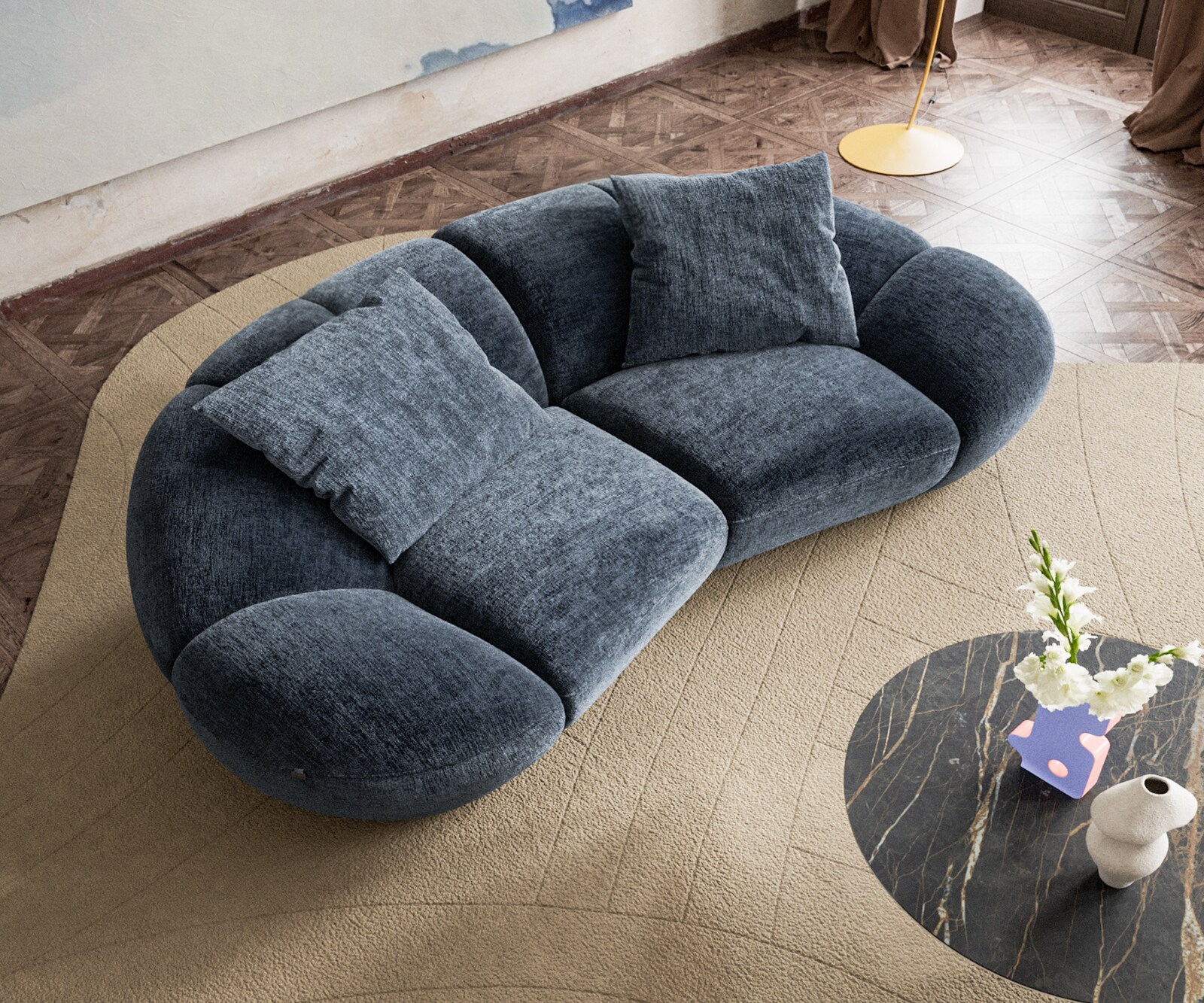 2-Sitzer Lunna 280x170 cm Chenille Blau 2 Kissen 2
