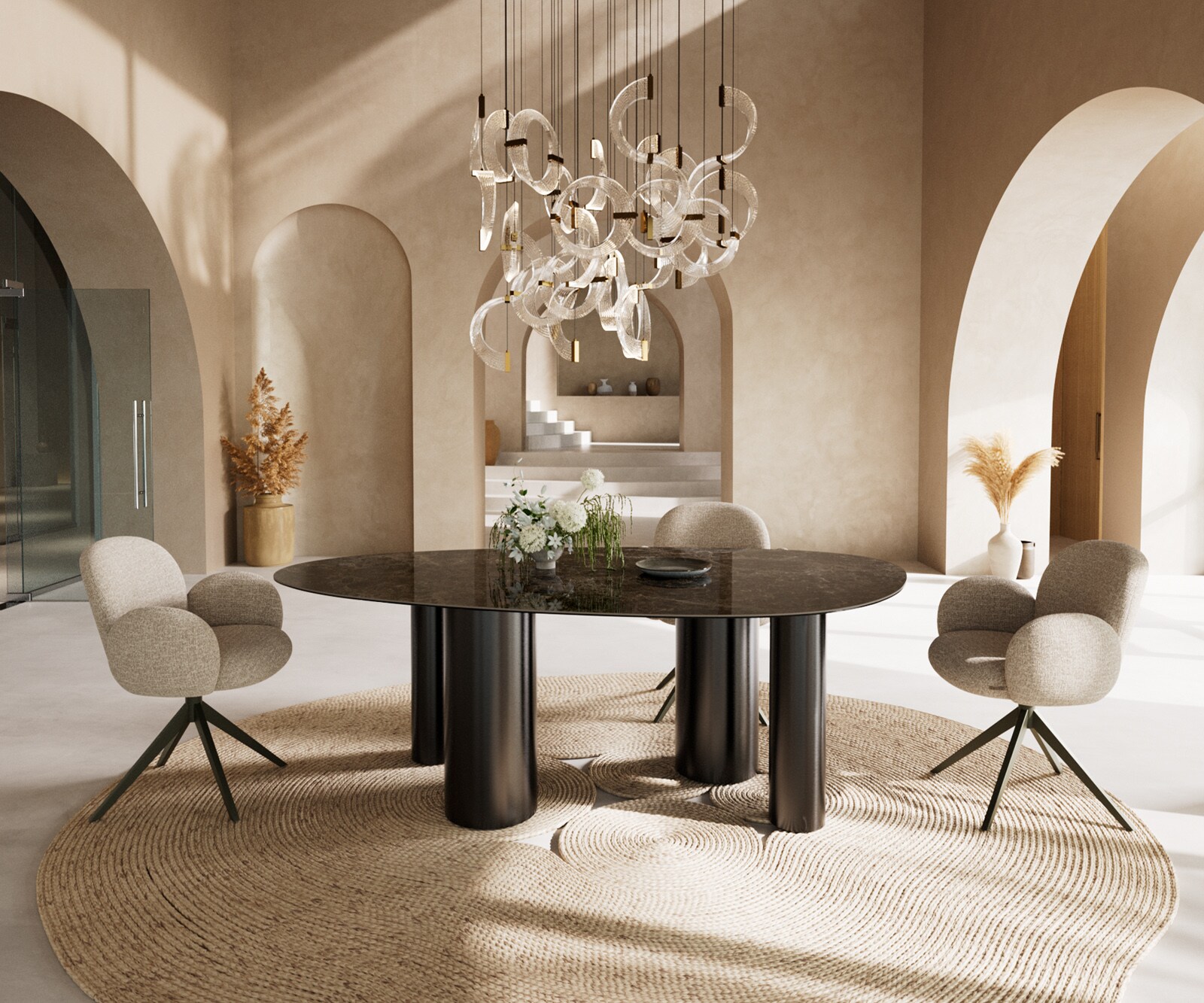 Esstisch Edge Oval 220x120 Keramik Laminam®Emperador Extra Lucidato Dunkelbraun Pilier Edelstahl Graphit 4